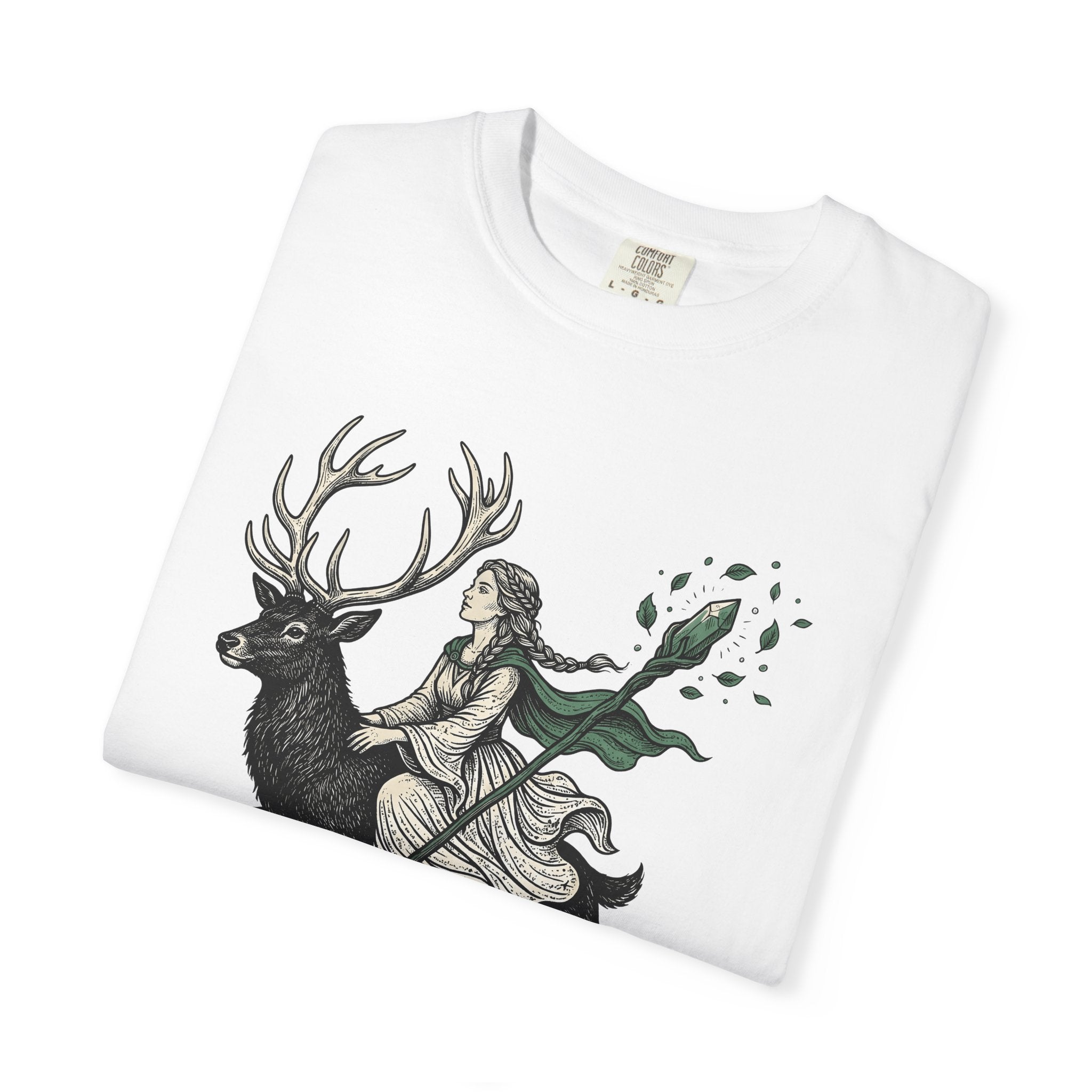 Woman Riding Stag Shirt Boho Chic Woodland Gift Women Fantasy Tee Rider T-Shirt Bohemian Fan Mythical Tshirt Forest Graphic Vintage Crystal