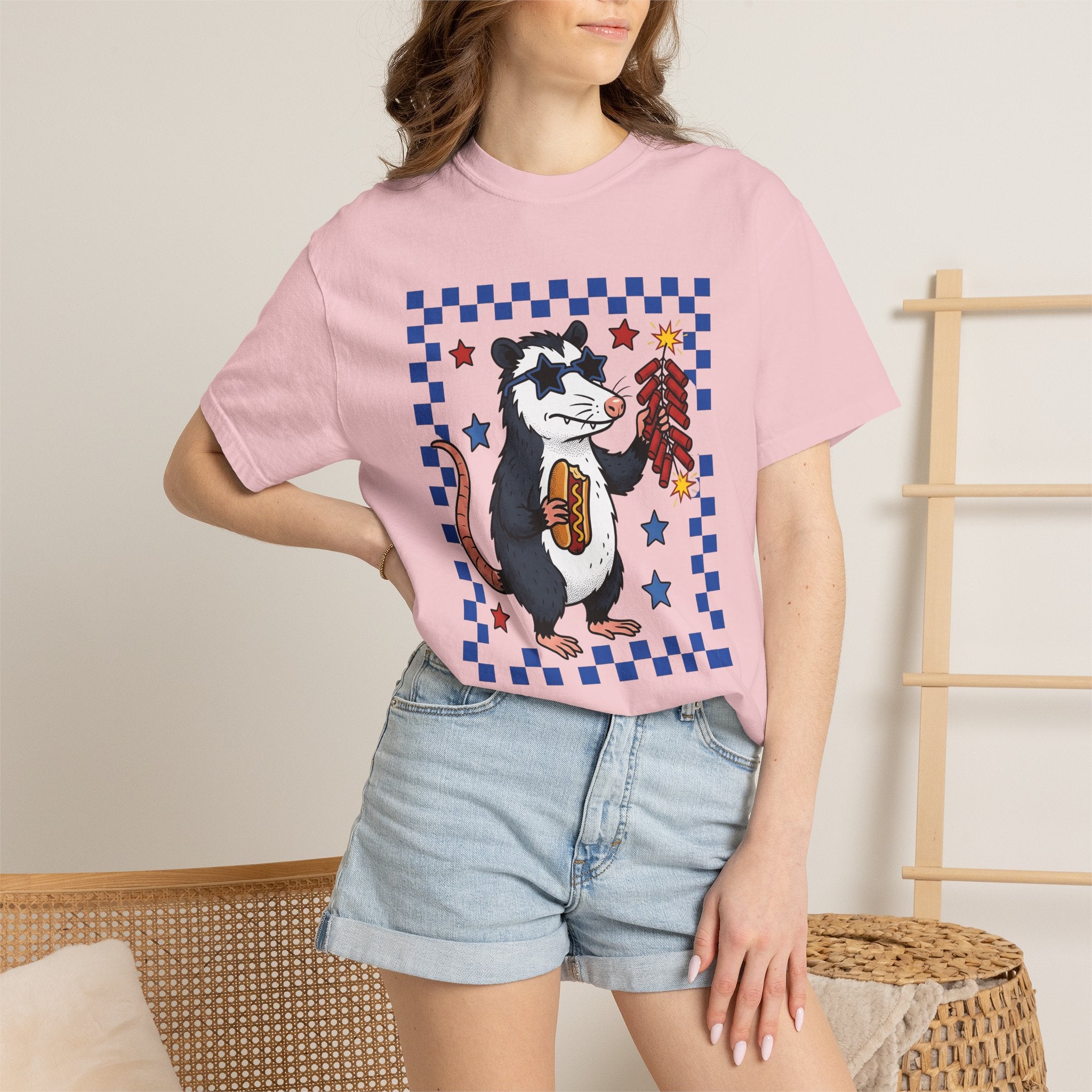 Possum Firework Shirt America 4Th Of July Holiday Gift Women Sketch Tee Fireworks T-Shirt Patriotic Fan Illustrated Tshirt Celebration