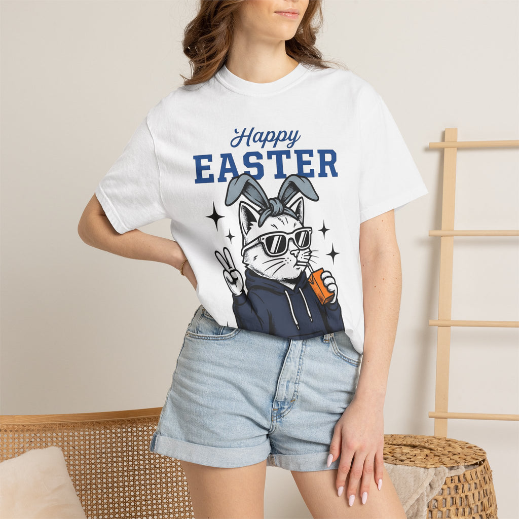 Kitty Bunny Ears Shirt Easter Felines Gift Women Hand Drawn Tee Bunny Ears T-Shirt Easter Fan Cartoon Tshirt Cat Graphic Old School Eyewear