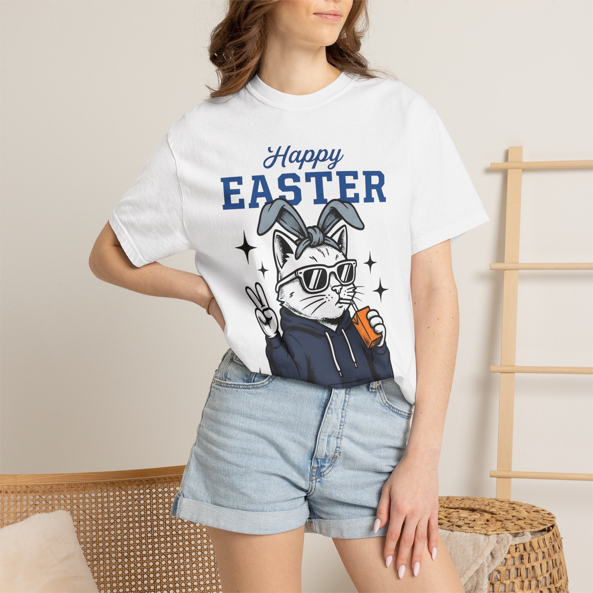 Kitty Bunny Ears Shirt Easter Felines Gift Women Hand Drawn Tee Bunny Ears T-Shirt Easter Fan Cartoon Tshirt Cat Graphic Old School Eyewear