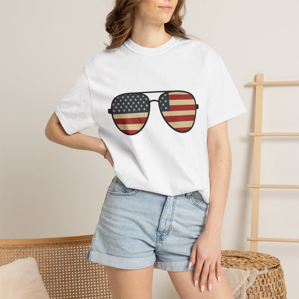 Pilot Sunglasses Shirt 4th Of July Independence Gift Women Retro Tee Shades T-Shirt Patriotic Fan Vintage Tshirt Freedom Graphic Simple Usa