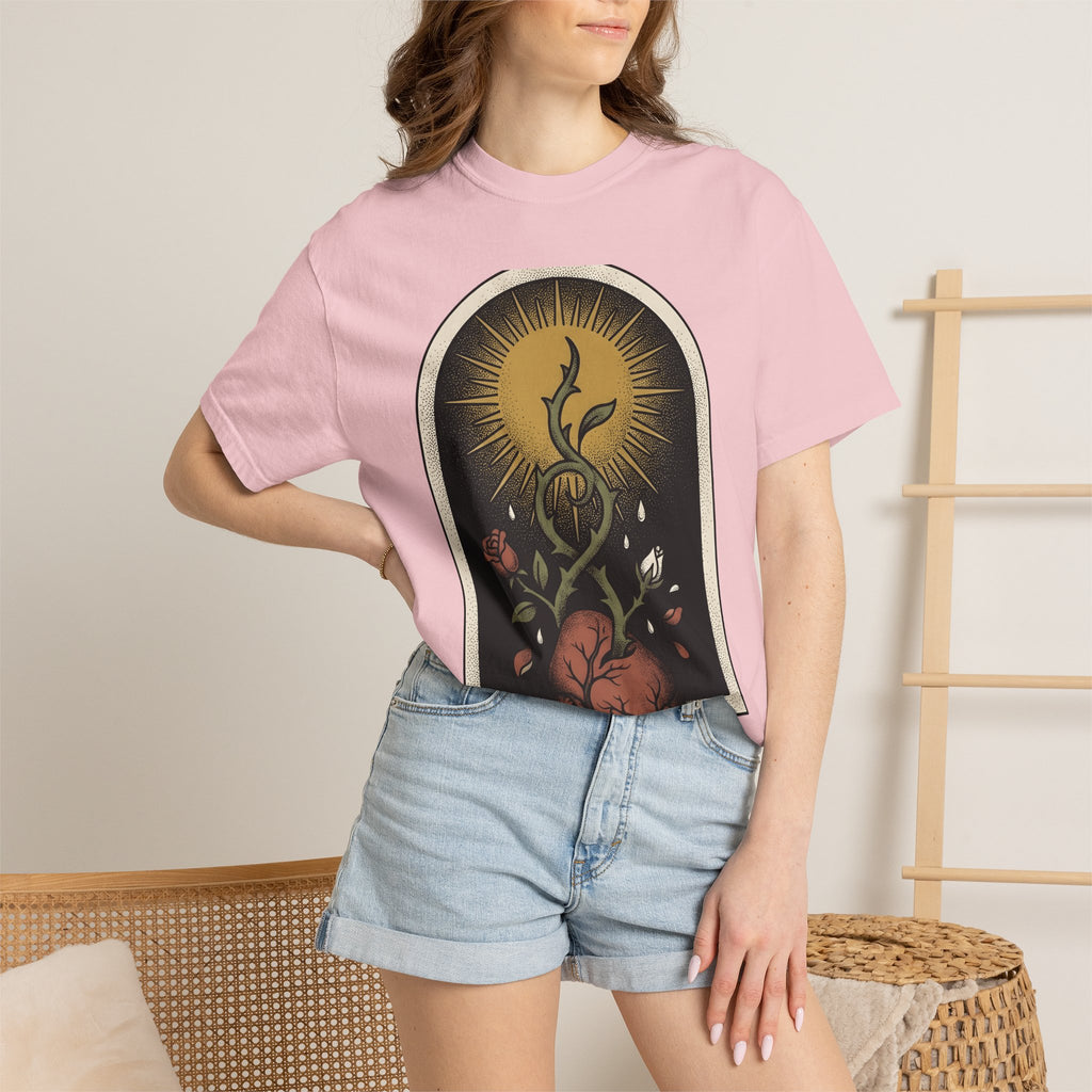 Heart Flower Shirt Holiday Spooky Gift Women Traditional Tee Floral T-Shirt Vacation Fan Folk Tshirt Horror Graphic Retro Sunburst Tshirt