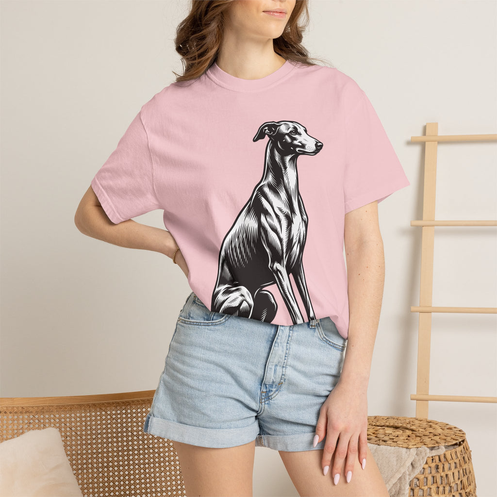 Greyhound Dog Shirt Dog Pet Gift Women Woodcut Tee Whippet T-Shirt Dog Fan Hound Tshirt Animal Graphic Vintage Sitting Pose Tshirt