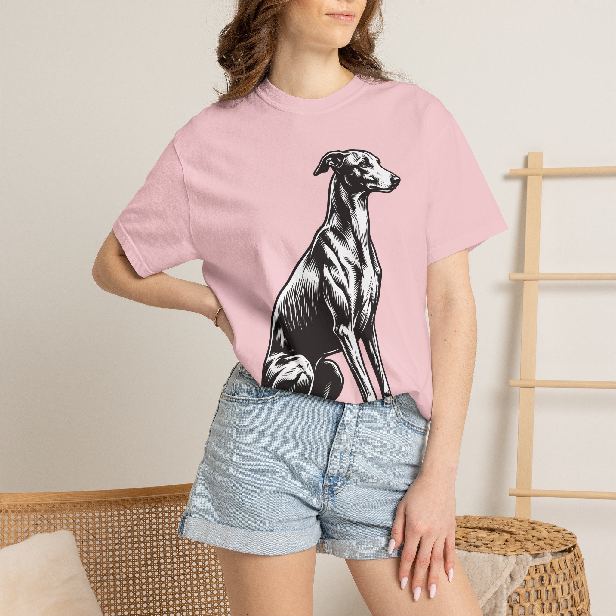 Greyhound Dog Shirt Dog Pet Gift Women Woodcut Tee Whippet T-Shirt Dog Fan Hound Tshirt Animal Graphic Vintage Sitting Pose Tshirt