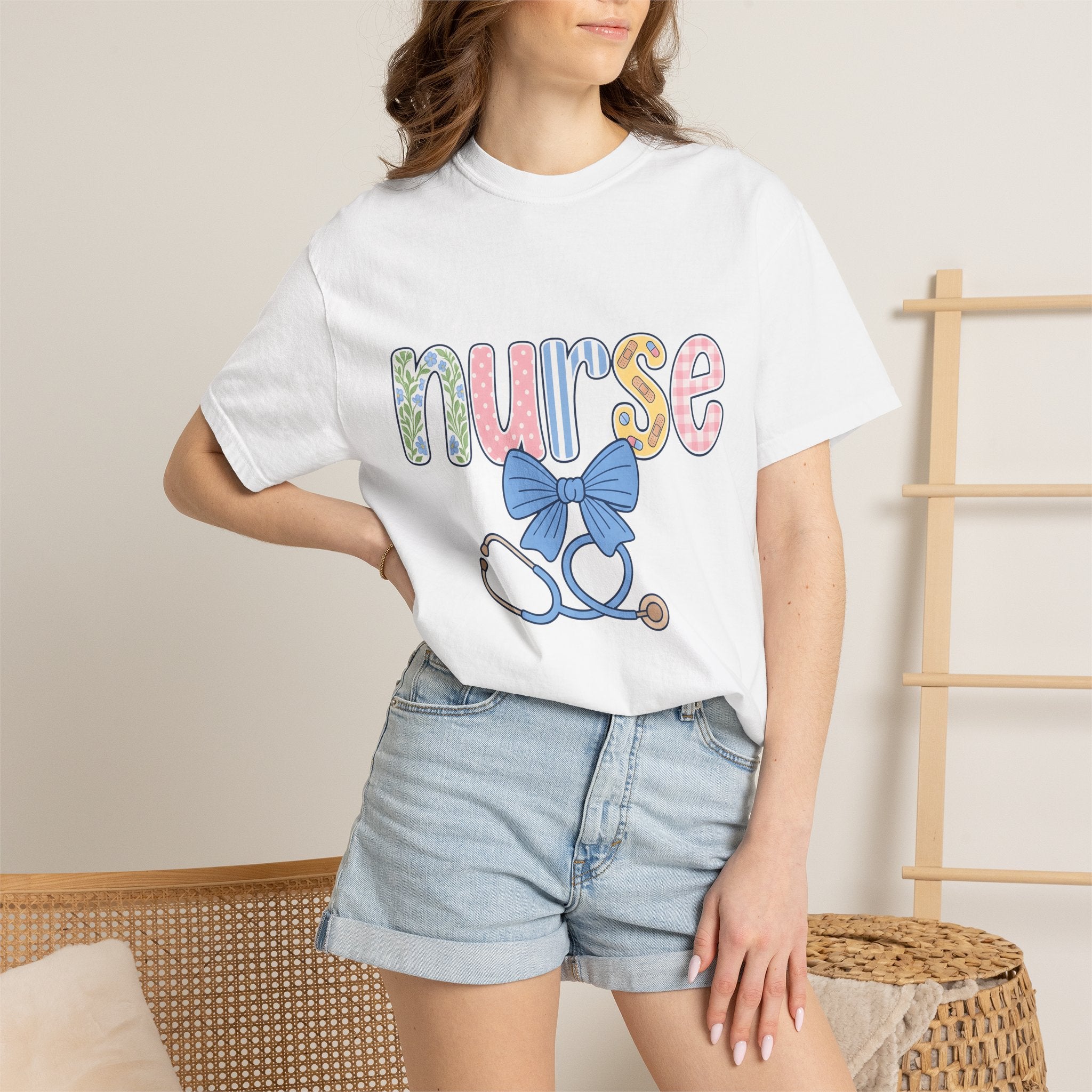 Nurse Stethoscope Bow Shirt Nurse Hospital Gift Women Adorable Tee Stethoscope T-Shirt Nursing Enthusiast Cute Tshirt Medical Graphic Doodle