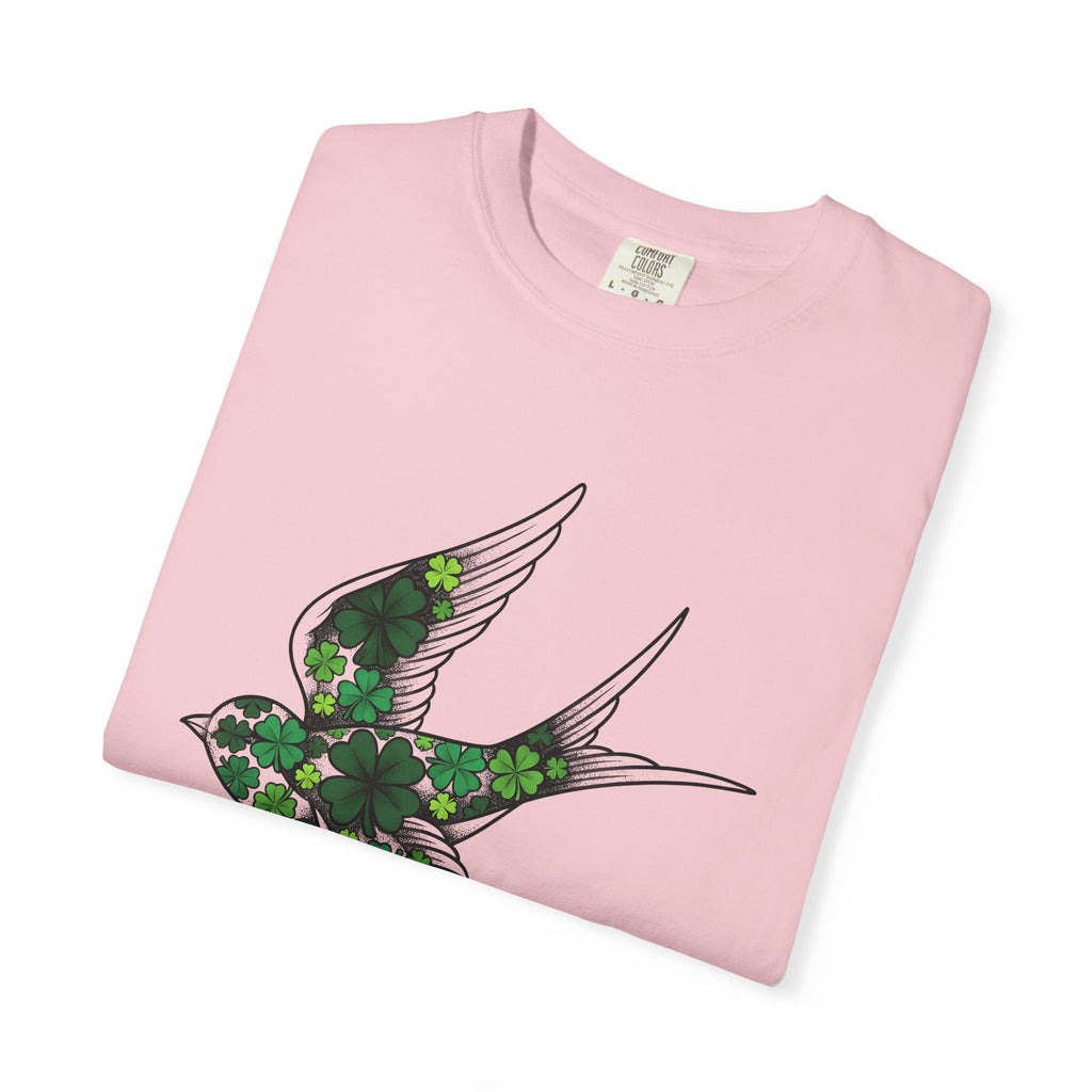 Small Bird Clover Shirt St Patrick's Day Destiny Gift Women Hand Drawn Tee Sparrow T-Shirt Shamrock Fan Illustrated Tshirt Fate Graphic