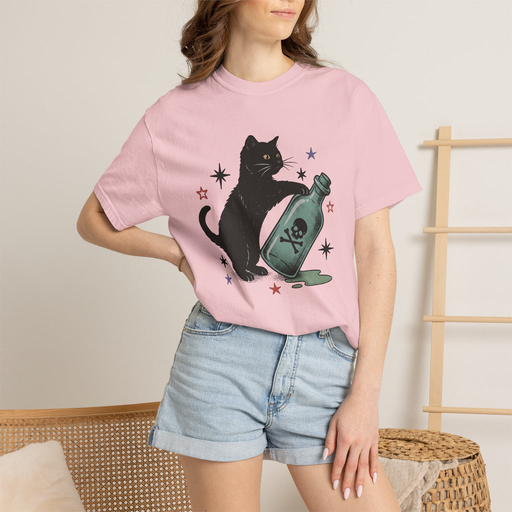 Black Feline Shirt Cat Occult Gift Women Neo Traditional Tee Cat T-Shirt Cat Fan Faux Tshirt Mystic Graphic Old School Poison Vial Tshirt