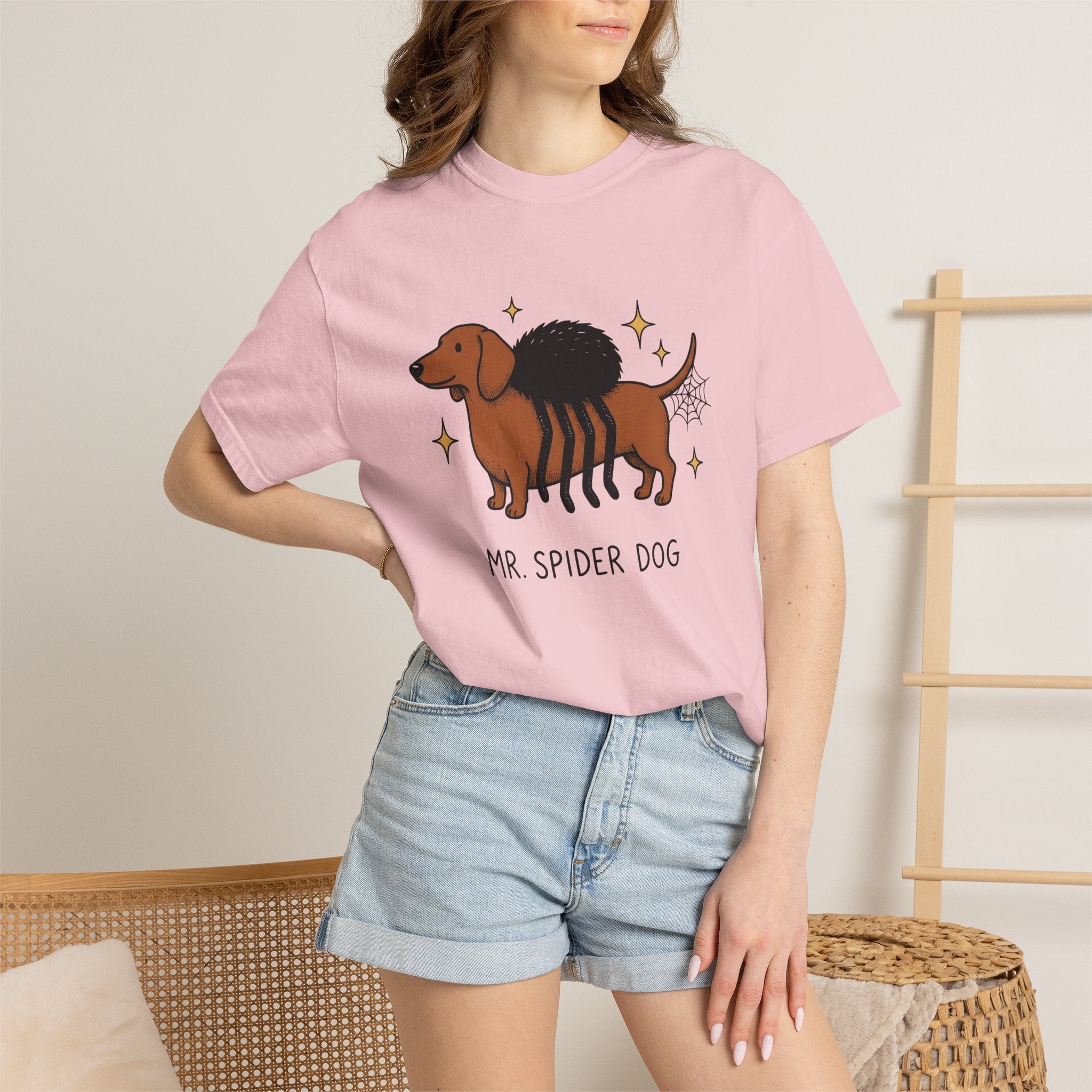 Dachshund Spider Costume Shirt Halloween Dog Gift Women Cartoon Tee Wiener Dog T-Shirt Horror Fan Comic Tshirt Dog Graphic Retro Spider Web