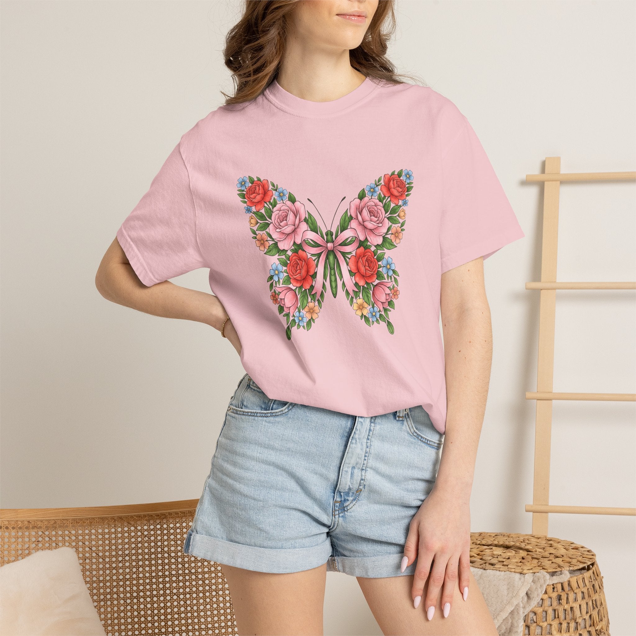 Blossom Butterfly Shirt Easter Nature Gift Women Natural Tee Butterfly T-Shirt Spring Fan Floral Tshirt Organic Graphic Hand Drawn Knot