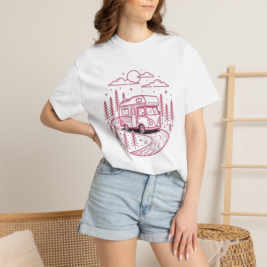 Camper Van Shirt Camping Adventure Gift Women Line Art Tee Motorhome T-Shirt Camper Fan Minimalist Tshirt Explorer Graphic Retro Pine Trees