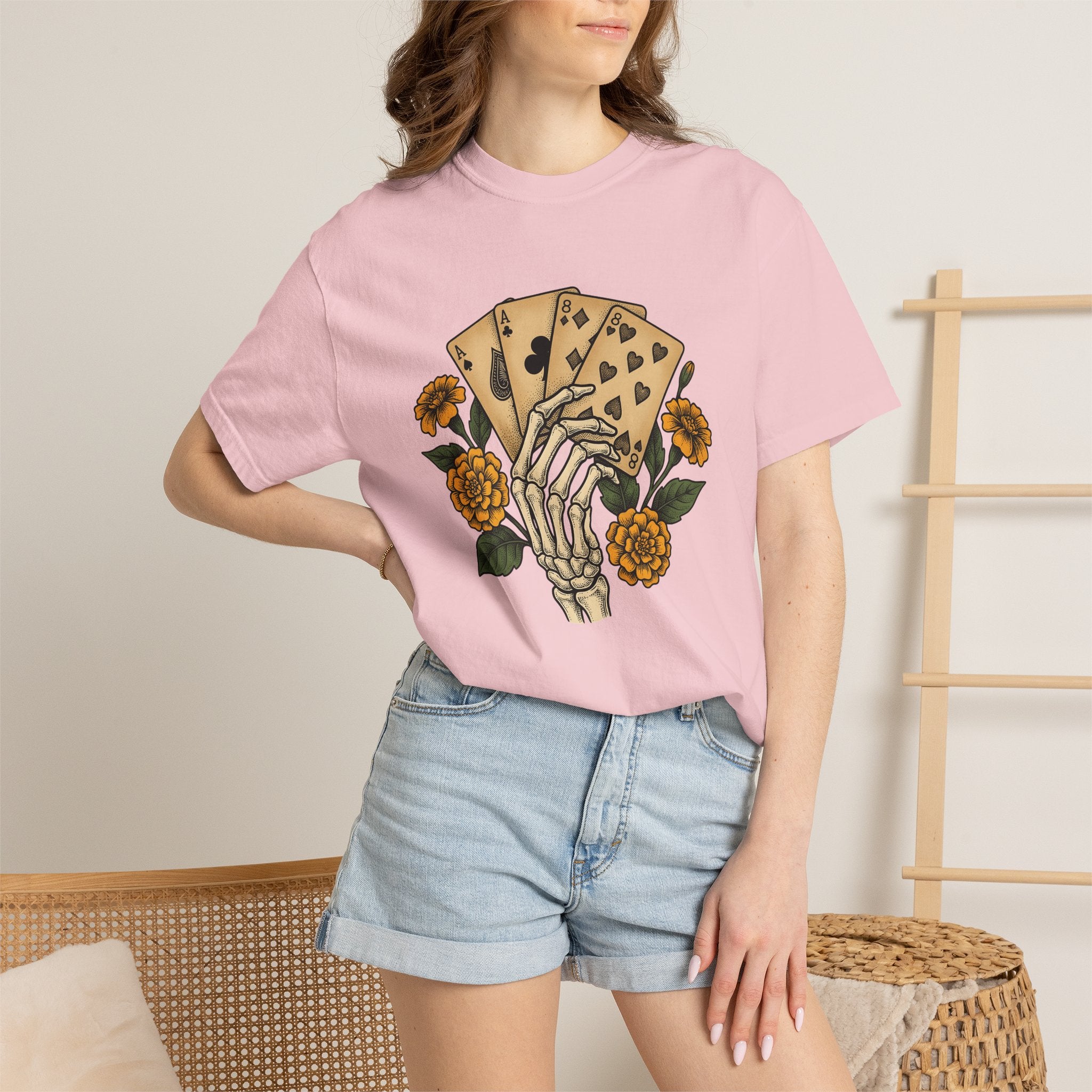 Bony Hand Playing Cards Shirt Boho Chic Occult Gift Women Line Art Tee Poker Hand T-Shirt Bohemian Fan Illustrative Tshirt Mystical Graphic