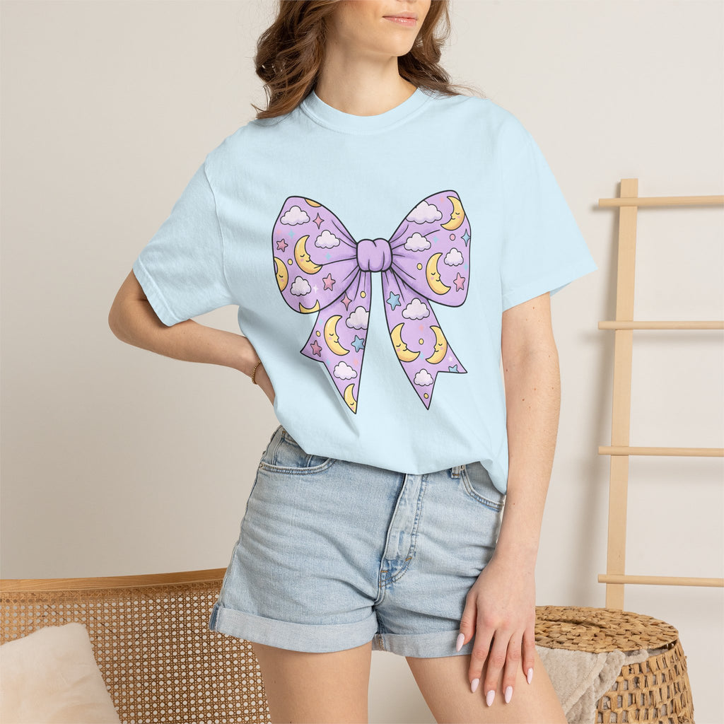 Night Bow Shirt Celestial Sweet Gift Women Hand Drawn Tee Bow Tie T-Shirt Galaxy Fan Illustrated Tshirt Cute Graphic Muted Glitter Tshirt