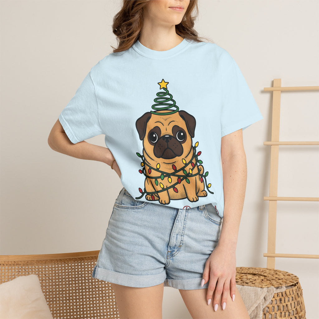 Pug Puppy Shirt Christmas Pet Gift Women Comic Tee Puppy T-Shirt Xmas Fan Cartoon Tshirt Animal Graphic Sketch Holiday Lights Tshirt