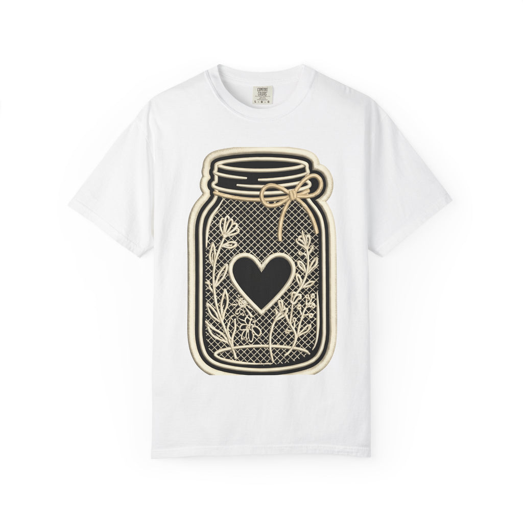 Canning Jar Heart Shirt Easter Country Gift Women Outline Tee Mason Jar T-Shirt Spring Fan Line Art Tshirt Rustic Graphic Modern Flower