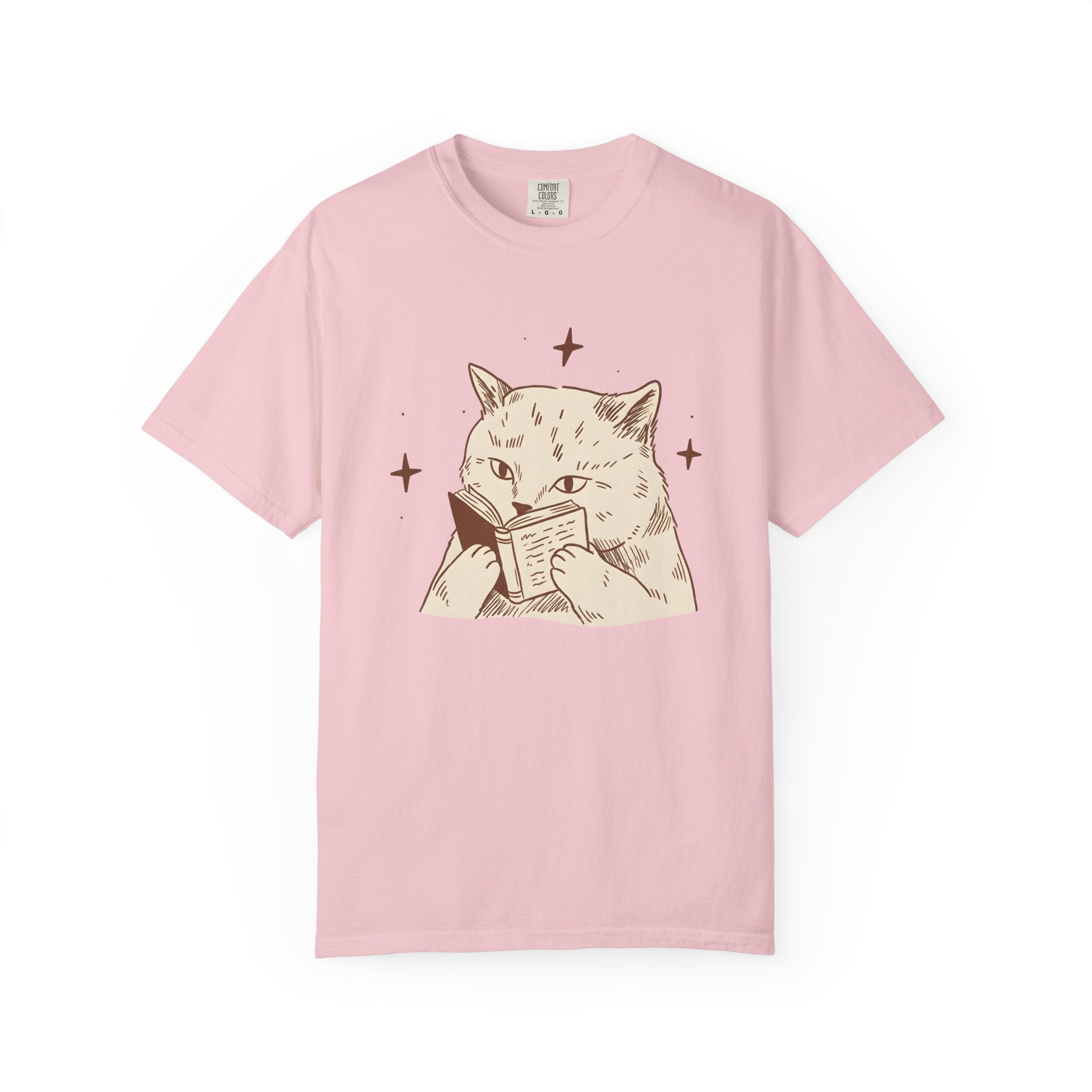 Cat Reading Shirt Cat Bookworm Gift Women Hand Drawn Tee Kitty T-Shirt Feline Fan Illustrated Graphic Vintage Stars Tshirt