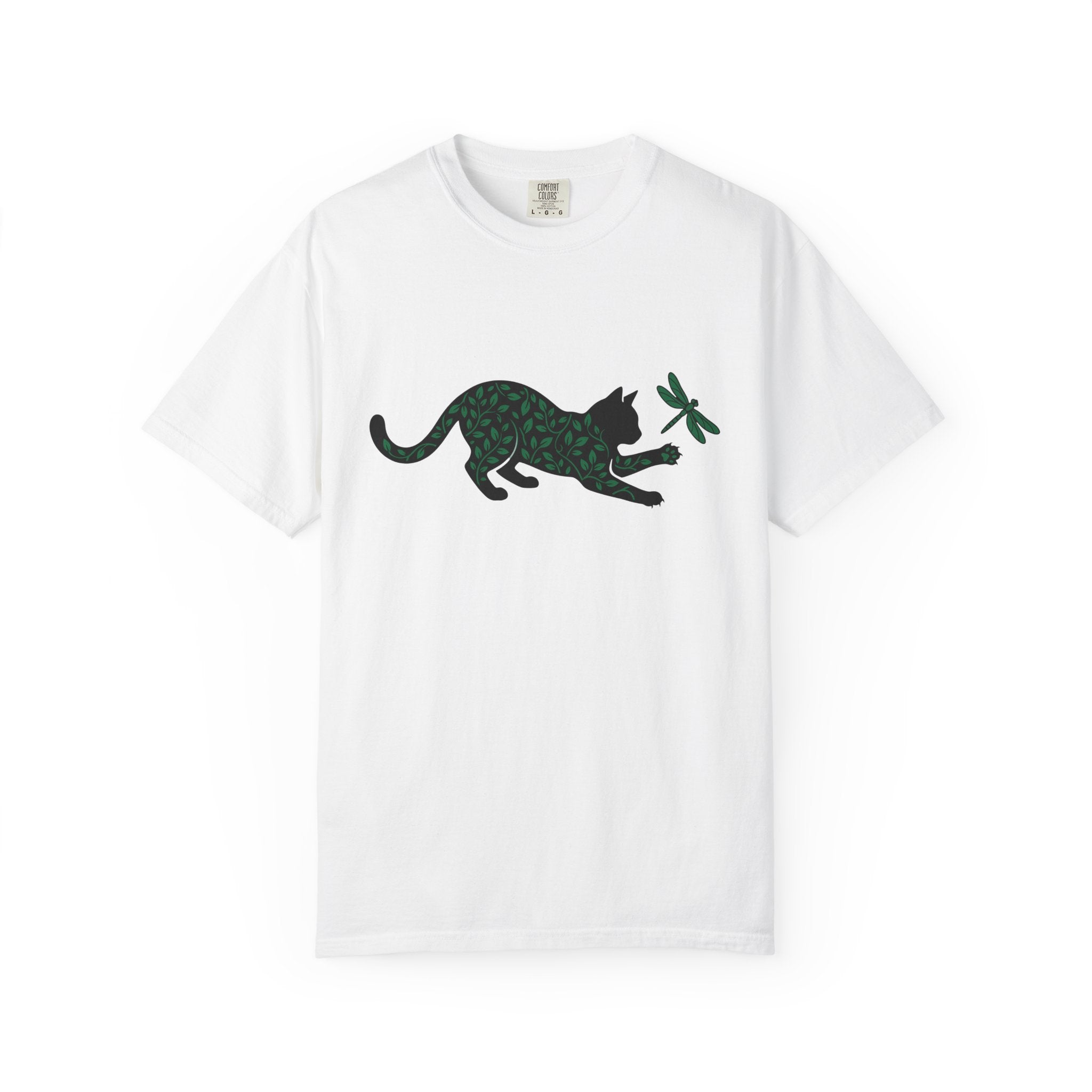 Cat Silhouette Shirt Cat Nature Gift Women Botanical Tee Kitten T-Shirt Cat Fan Feline Tshirt Wildlife Graphic Minimalist Dragonfly Tshirt