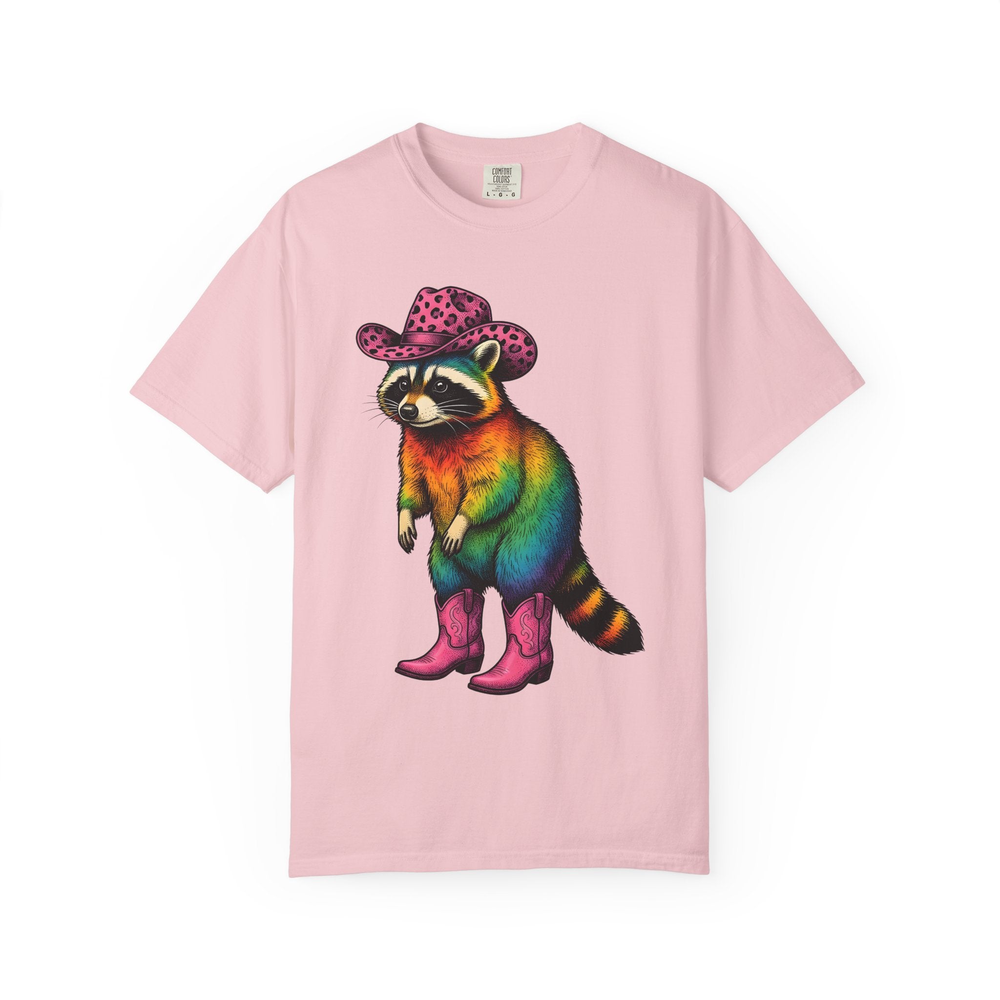 Colorful Raccoon Shirt Cowgirl Wildlife Gift Women Vibrant Graphic Tee Raccoon T-Shirt Cowgirl Fan Animal Graphic Wildlife Illustration