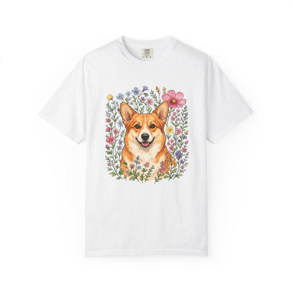 Corgi Pet Shirt Dog Blossoms Gift Women Line Art Tee Puppy T-Shirt Dog Fan Canine Tshirt Floral Graphic Pastel Garden Blooms Tshirt