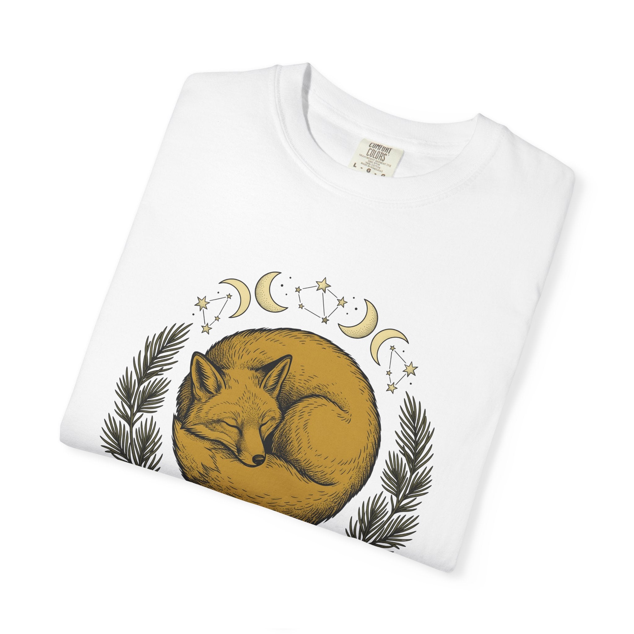 Curled Fox Shirt Boho Chic Outdoors Gift Women Tribal Tee Fox T-Shirt Bohemian Fan Primitive Tshirt Wilderness Graphic Line Art Moon Phases