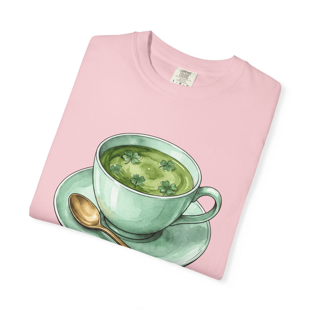 Lucky Leaf Cup Shirt St Patrick's Day Infusion Gift Women Painted Tee Tea Cup T-Shirt Shamrock Fan Hand Painted Tshirt Herbal Graphic Sketch