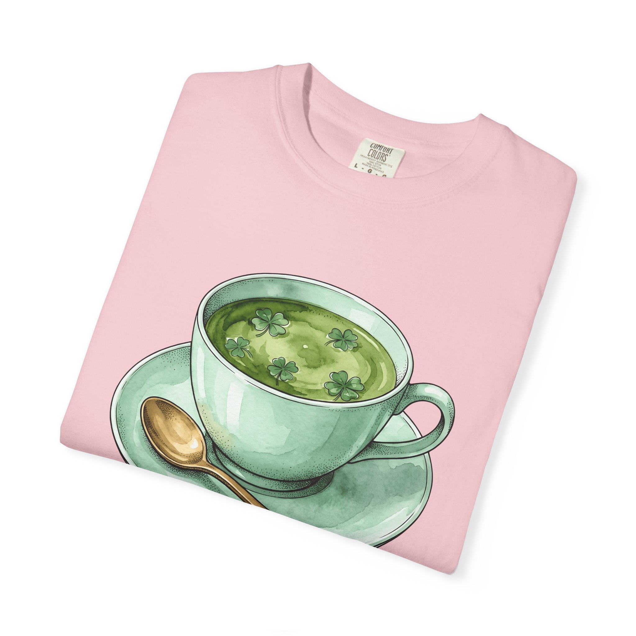 Lucky Leaf Cup Shirt St Patrick's Day Infusion Gift Women Painted Tee Tea Cup T-Shirt Shamrock Fan Hand Painted Tshirt Herbal Graphic Sketch