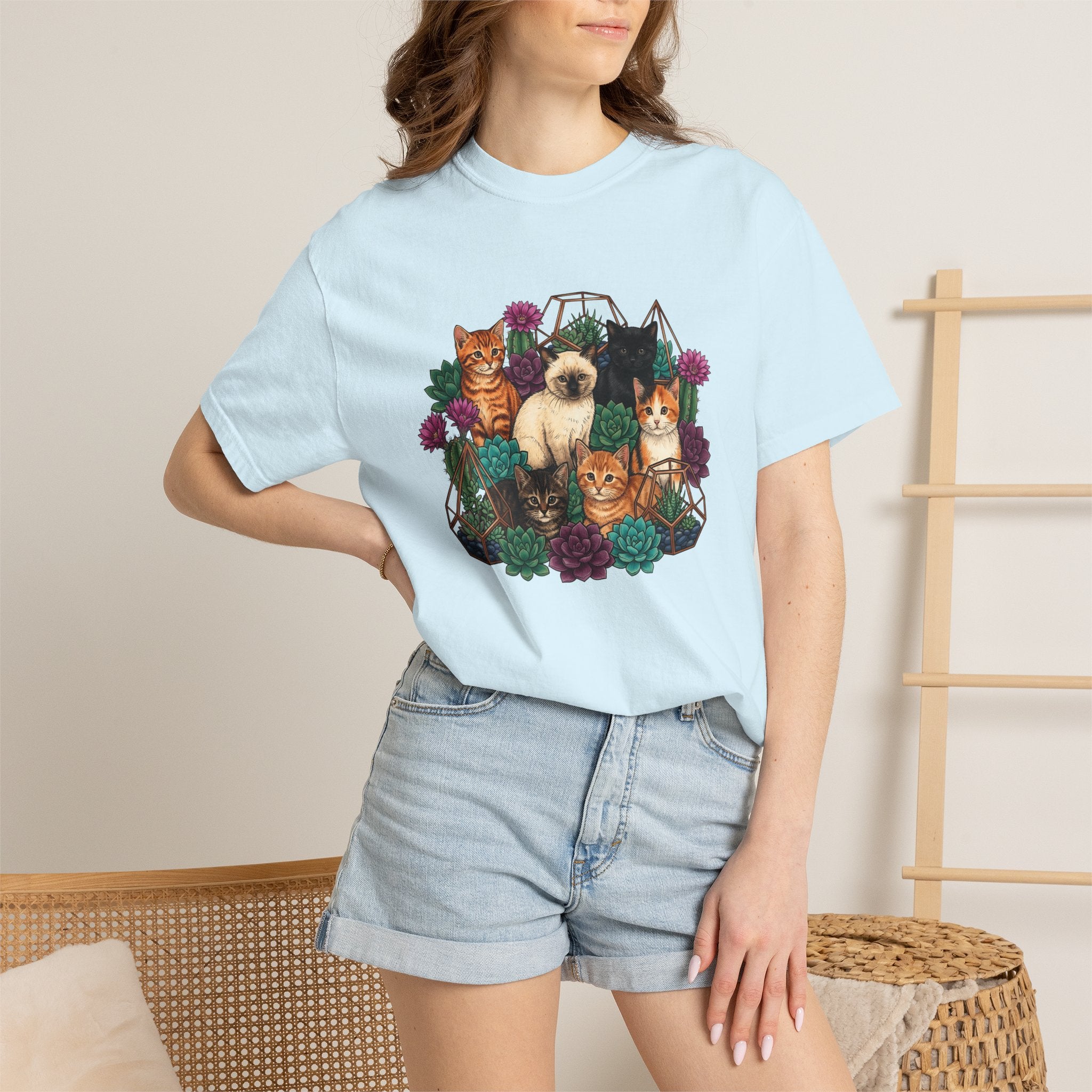 Cats Cluster Shirt Cat Bouquet Gift Women Leafy Tee Kittens T-Shirt Cat Fan Foliage Tshirt Floral Graphic Antique Aloe Tshirt