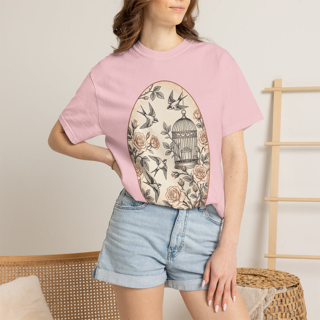 Flower Egg Birds Shirt Easter Wildlife Gift Women Retro Tee Floral T-Shirt Easter Fan Vintage Tshirt Wildlife Graphic Sketch Cage Tshirt
