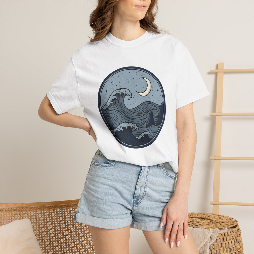 Coastal Waves Shirt Ocean Space Gift Women Rustic Tee Surf T-Shirt Sea Fan Vintage Tshirt Galaxy Graphic Traditional Moon Phase Tshirt