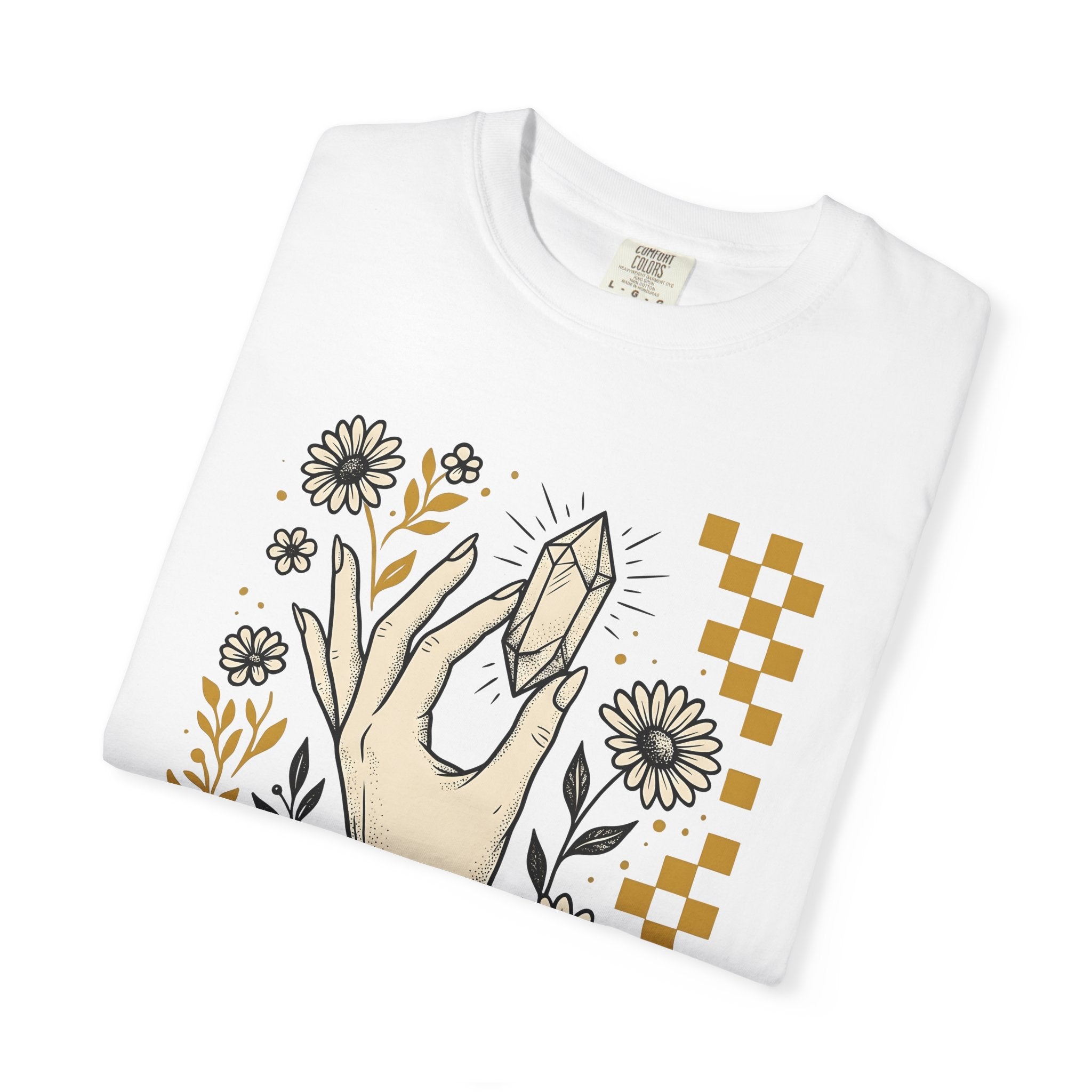 Gemstone Hand Shirt Boho Chic Mindfulness Gift Women Body Art Tee Crystal Hand T-Shirt Bohemian Fan Tattoo Art Tshirt Meditation Graphic
