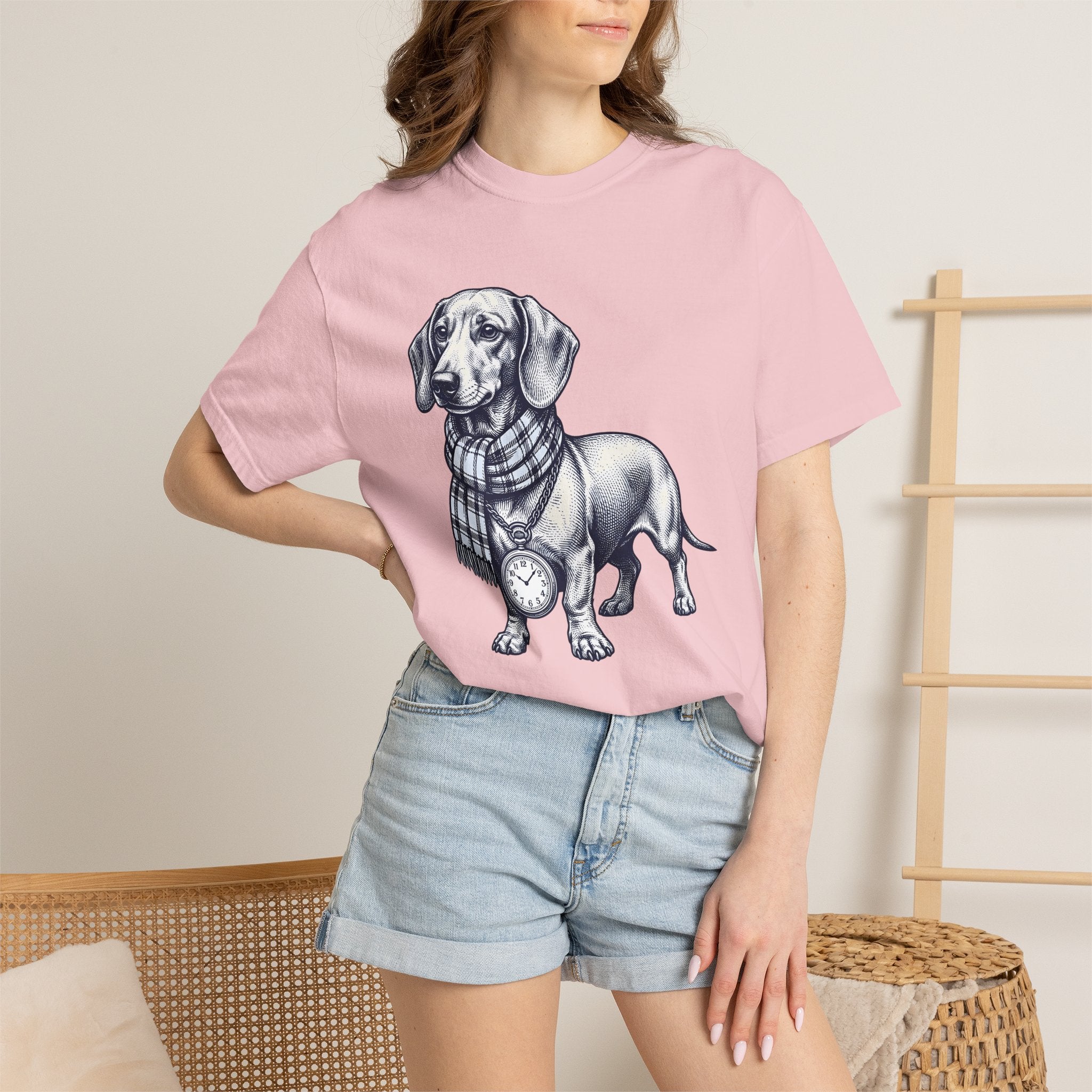 Dachshund Puppy Shirt Dog Pets Gift Women Retro Tee Wiener Dog T-Shirt Dog Fan Sausage Dog Tshirt Animal Graphic Sketch Neck Wrap Tshirt