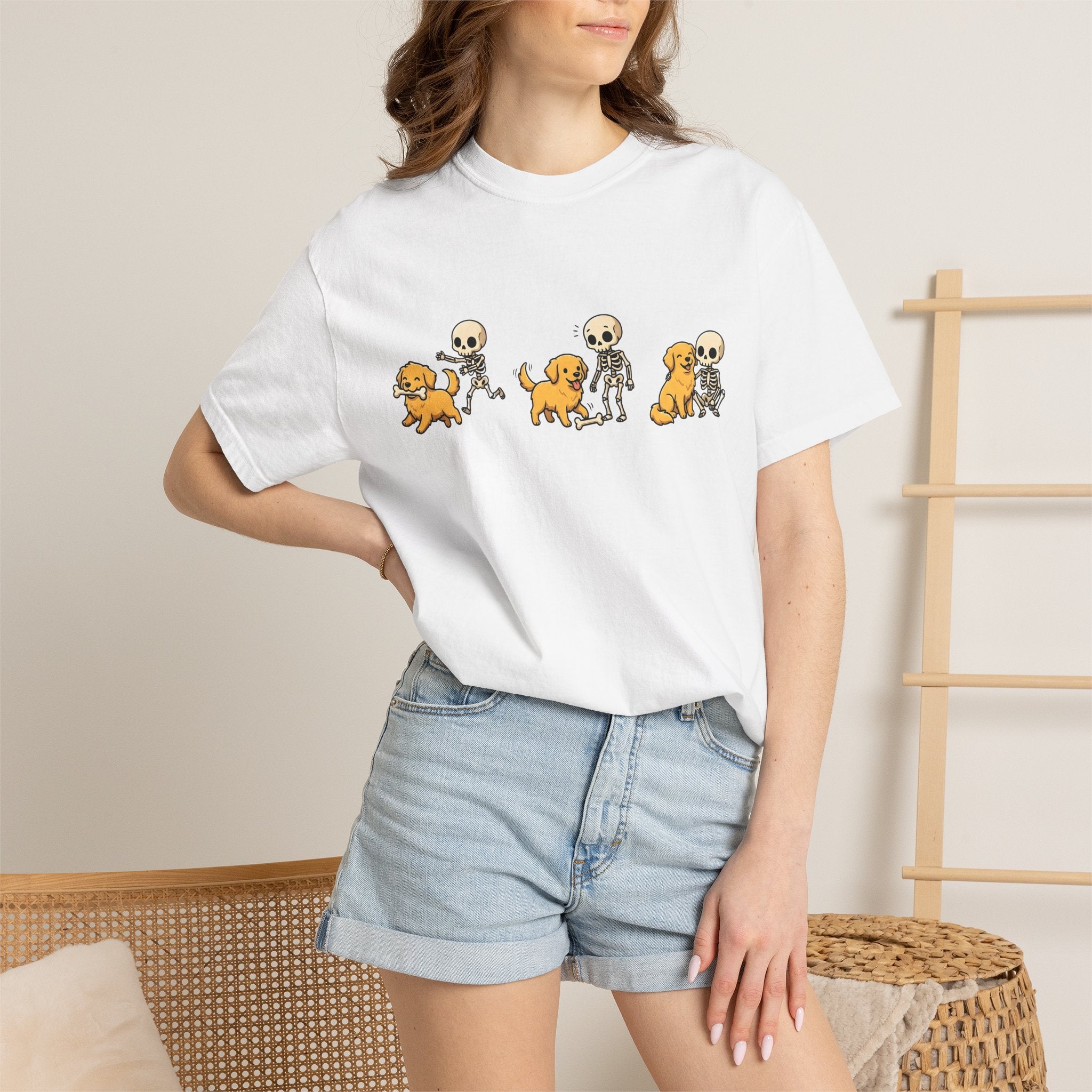 Canine Skeleton Shirt Halloween Pets Gift Women Doodle Tee Dog Skeleton T-Shirt Spooky Fan Dog Graphic Dog Illustration Whimsical Bone