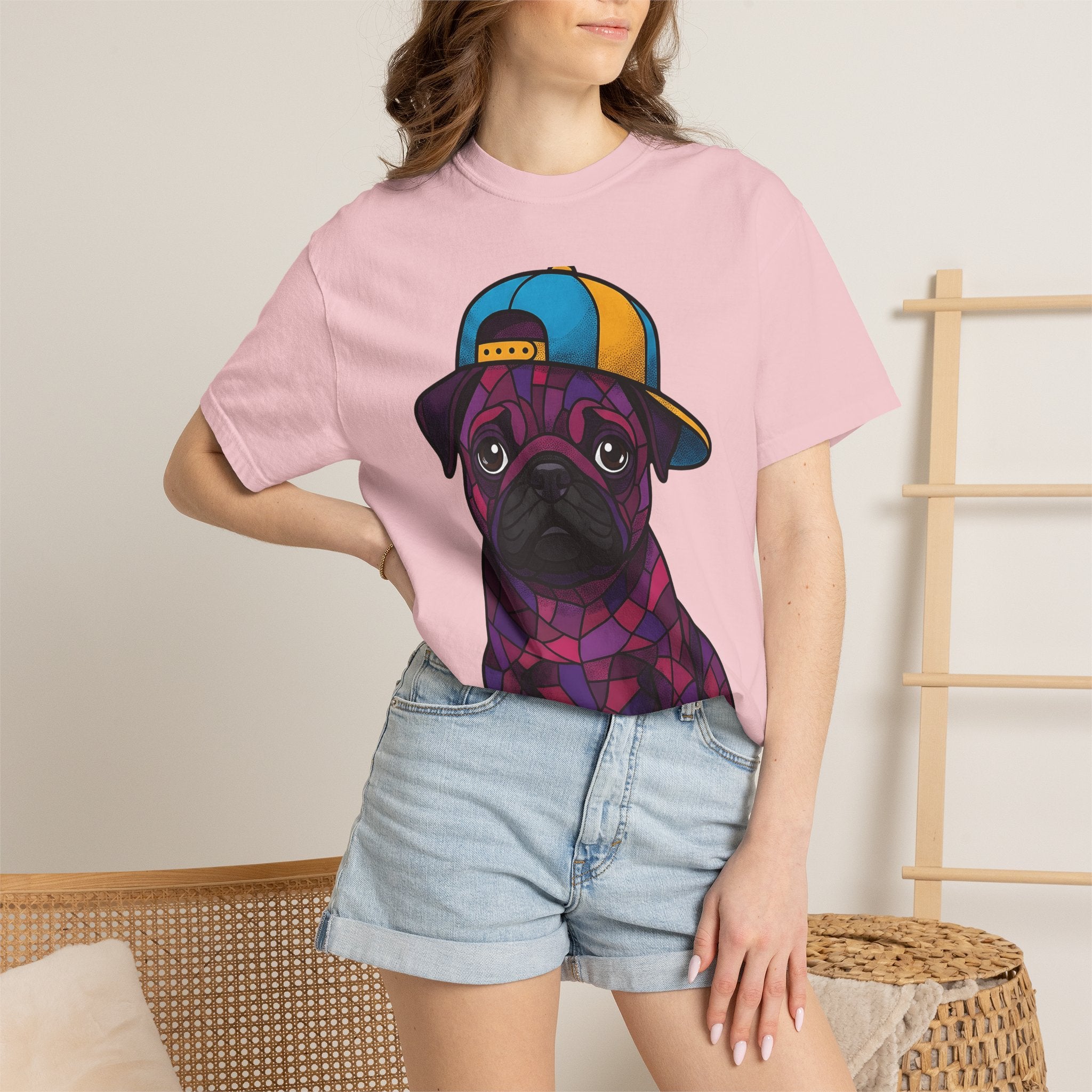 Pug Puppy Shirt Dog Casual Wear Gift Women Stained Glass Tee Pugs T-Shirt Dog Fan Mosaic Tshirt Streetwear Graphic Cartoon Baseball Hat