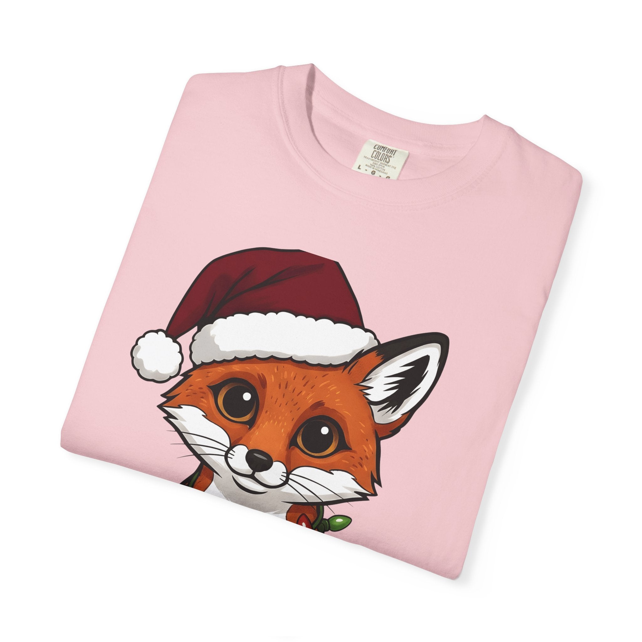 Fox Santa Hat Shirt Christmas Animal Gift Women Cartoon Tee Fox T-Shirt Xmas Fan Fox Graphic Kawaii Christmas Lights Tshirt