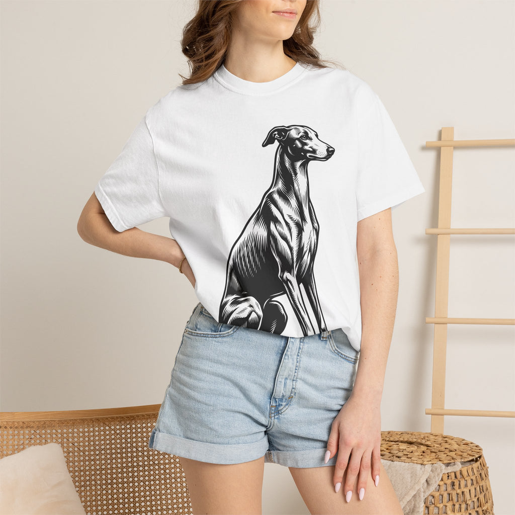 Greyhound Dog Shirt Dog Pet Gift Women Woodcut Tee Whippet T-Shirt Dog Fan Hound Tshirt Animal Graphic Vintage Sitting Pose Tshirt