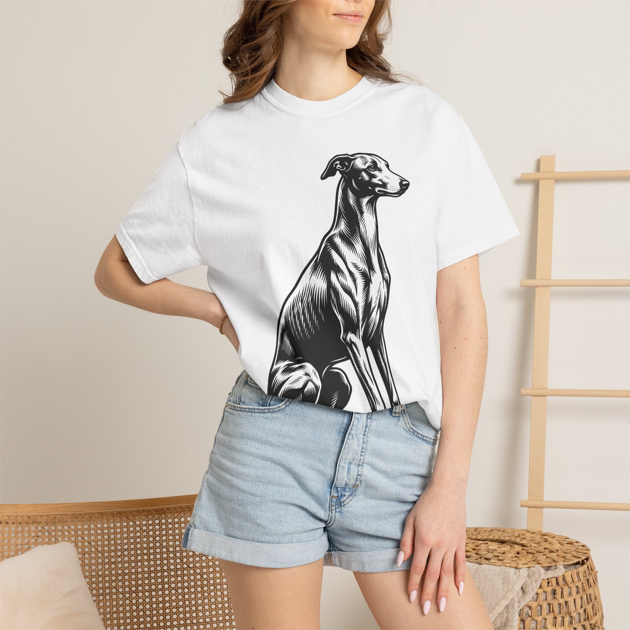 Greyhound Dog Shirt Dog Pet Gift Women Woodcut Tee Whippet T-Shirt Dog Fan Hound Tshirt Animal Graphic Vintage Sitting Pose Tshirt