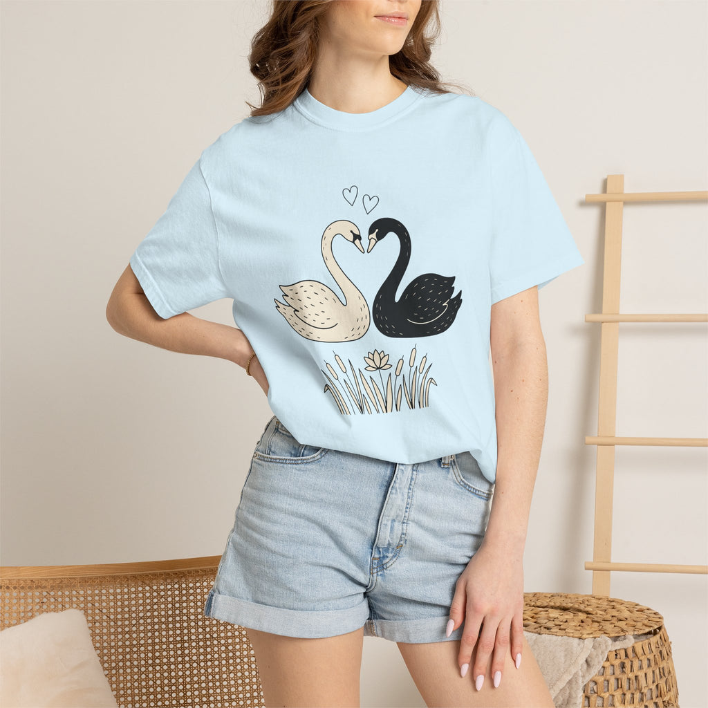 Swan Couple Shirt Animals & Flowers Romance Gift Women Doodle Tee Ducks T-Shirt Wildlife Fan Hand Drawn Tshirt Love Graphic Minimalist Lotus