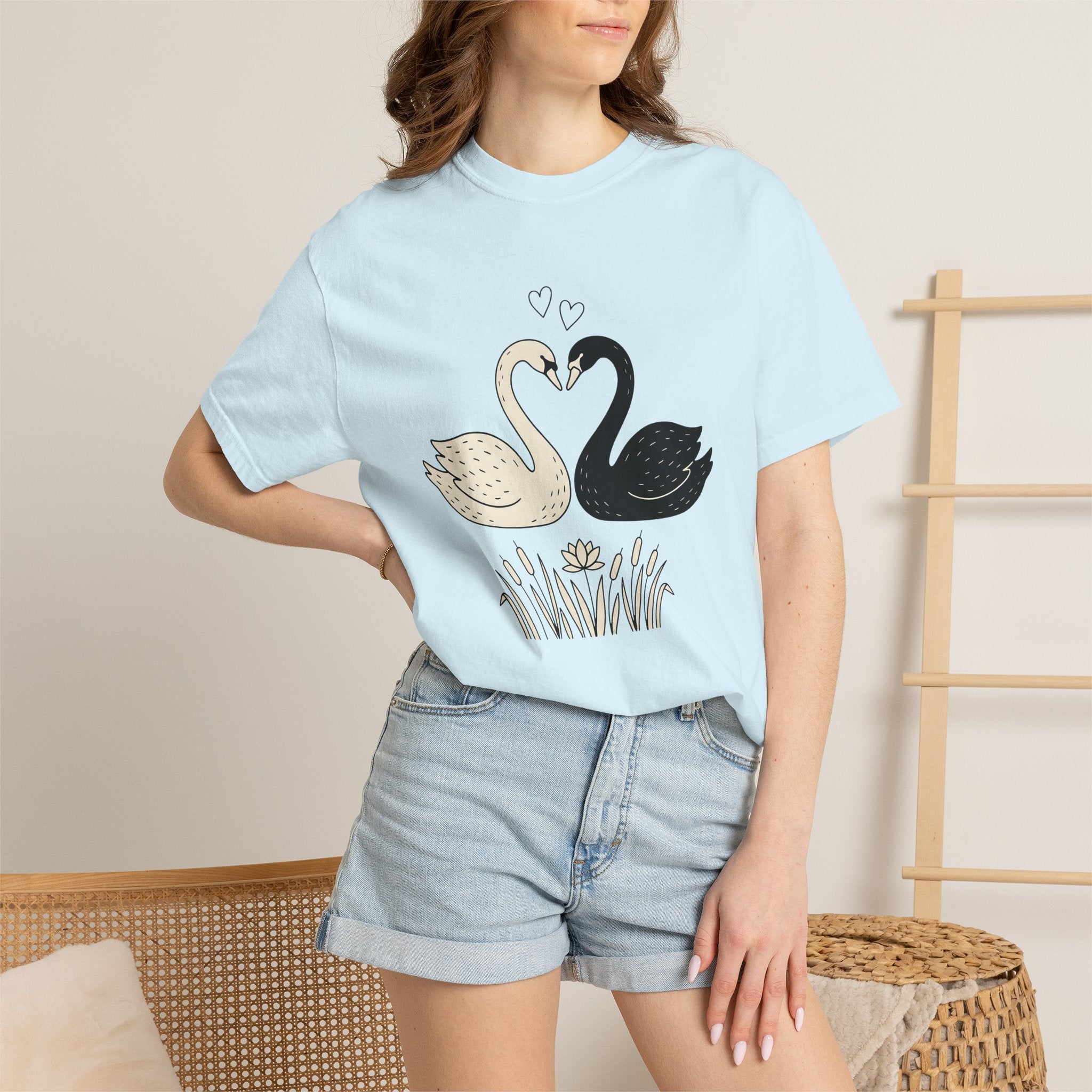 Swan Couple Shirt Animals & Flowers Romance Gift Women Doodle Tee Ducks T-Shirt Wildlife Fan Hand Drawn Tshirt Love Graphic Minimalist Lotus