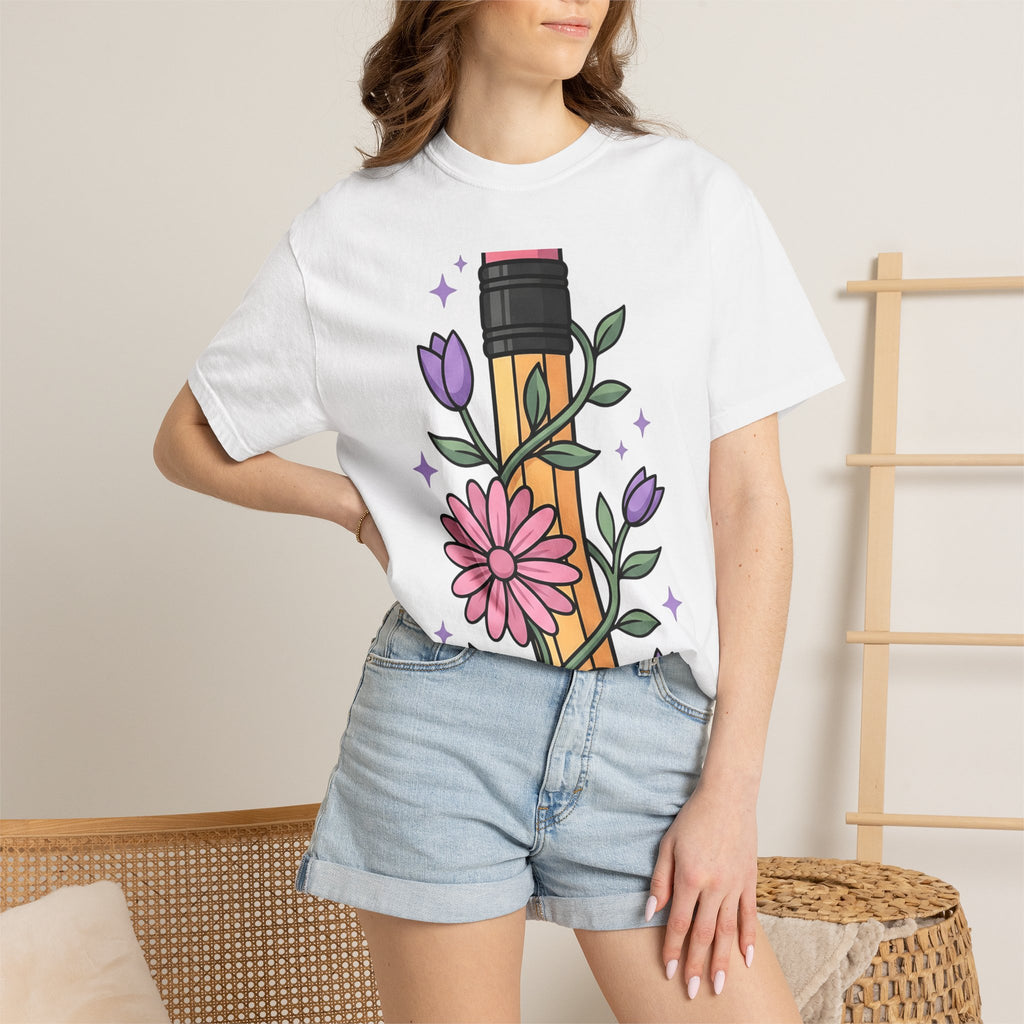 Hand Drawn Flowers Shirt Teachers Greenery Gift Women Line Art Tee Floral T-Shirt Educator Enthusiast Illustration Graphic Doodle Tshirt