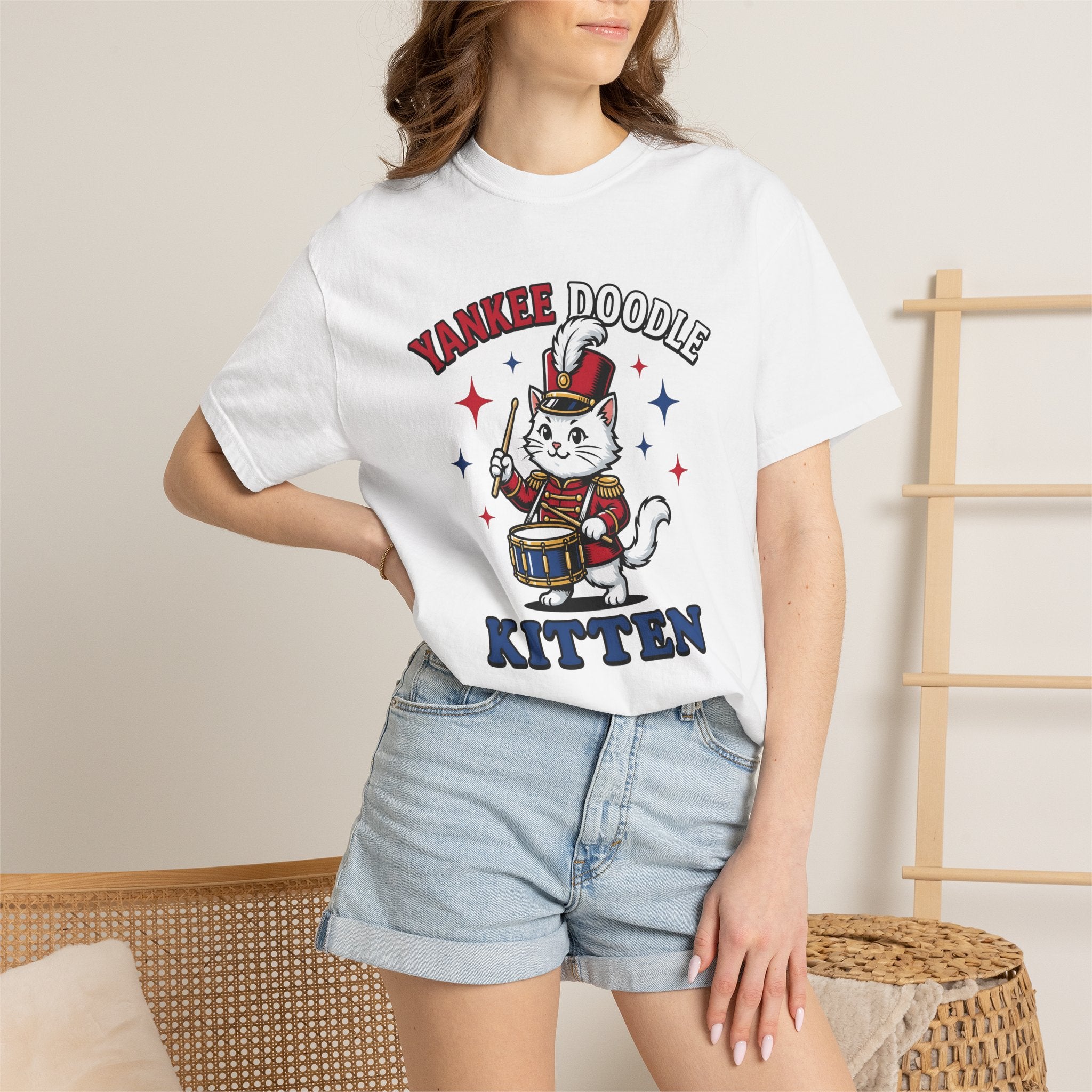 Music Cat Shirt Cat Flag Gift Women Hand Drawn Tee Kitty T-Shirt Feline Fan Illustrated Tshirt Banner Graphic Classic Drumstick Tshirt