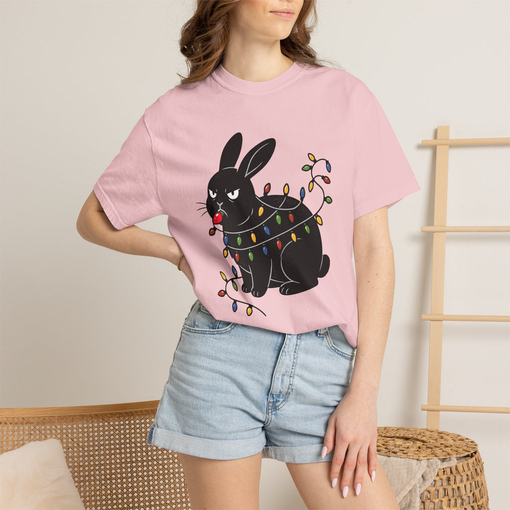Black Rabbit Shirt Christmas Animal Gift Women Cartoon Tee Bunny T-Shirt Xmas Fan Comic Tshirt Creature Graphic Retro Christmas Lights