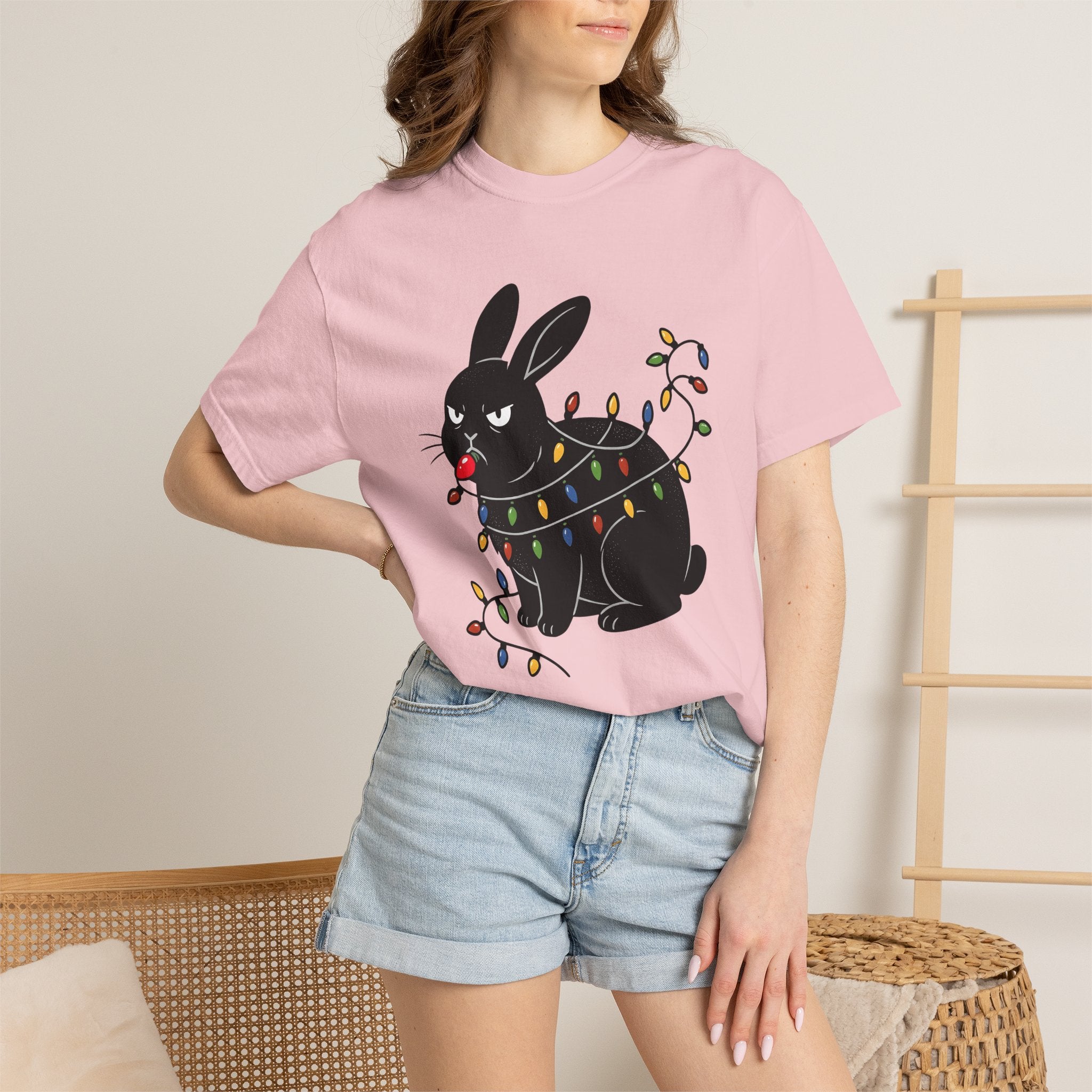 Black Rabbit Shirt Christmas Animal Gift Women Cartoon Tee Bunny T-Shirt Xmas Fan Comic Tshirt Creature Graphic Retro Christmas Lights