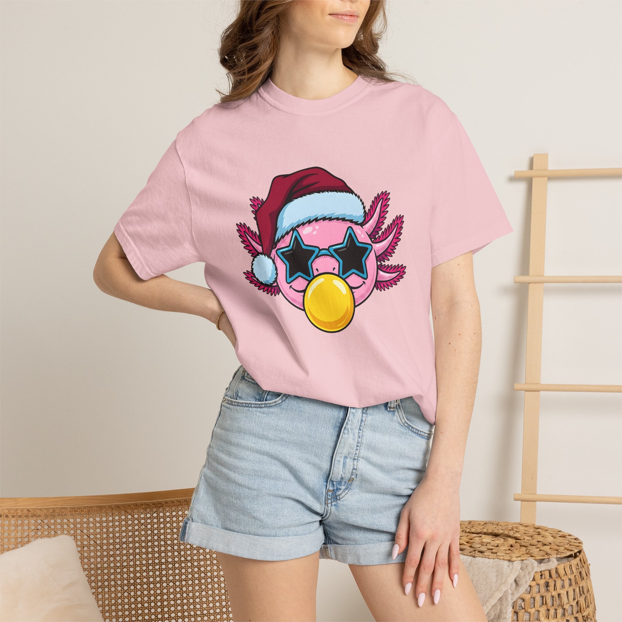 Axolotl Santa Hat Shirt Christmas Animal Gift Women Cartoon Tee Mexican Salamander T-Shirt Xmas Fan Salamander Graphic Tshirt Kawaii Star