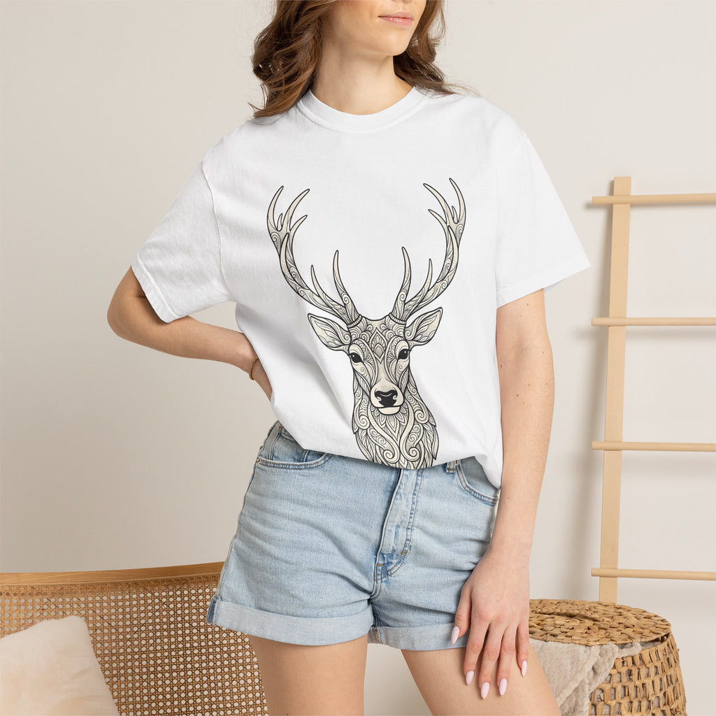 Deer Head Shirt Boho Chic Wildlife Gift Women Floral Tee Buck T-Shirt Bohemian Fan Botanical Tshirt Animal Graphic Sketch Horns Tshirt