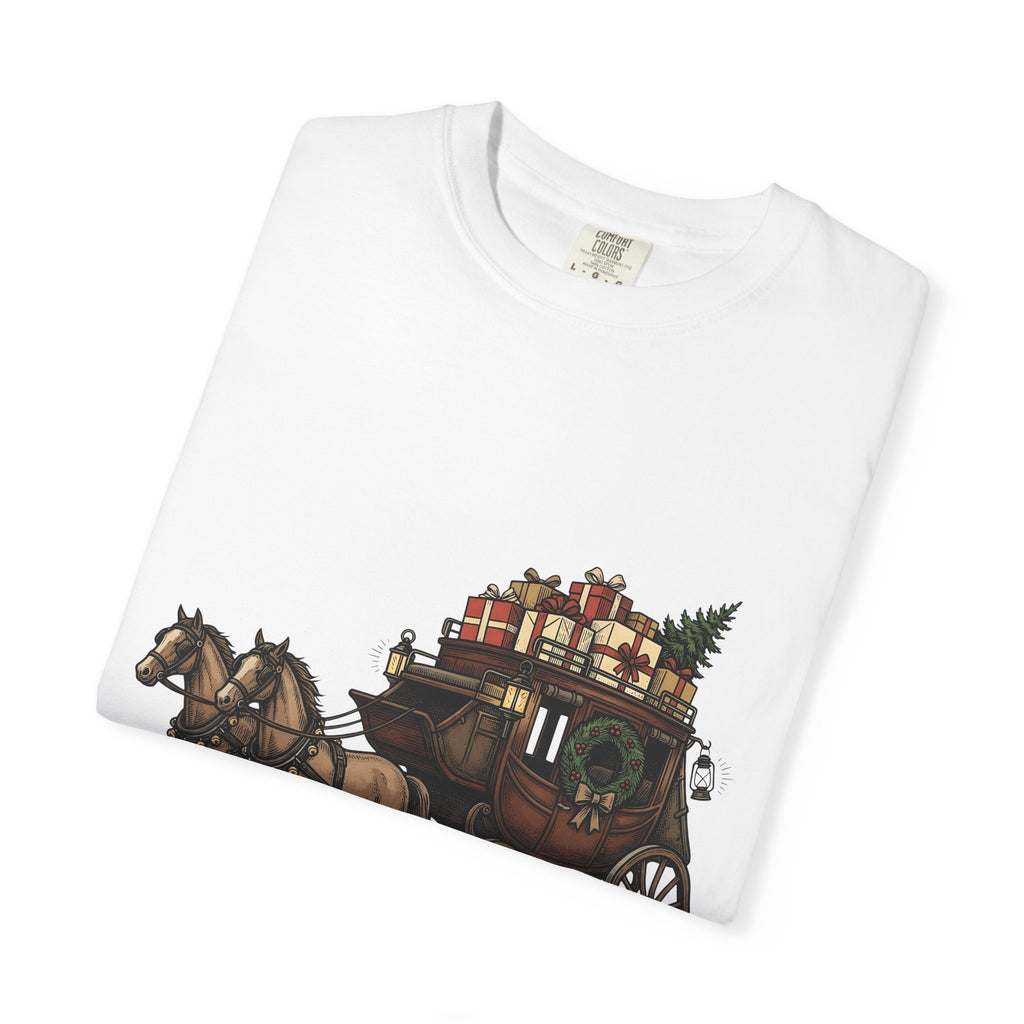 Horse Wagon Shirt Christmas Festive Gift Women Retro Tee Carriage T-Shirt Holiday Fan Vintage Tshirt Cheerful Graphic Sketch Present Boxes
