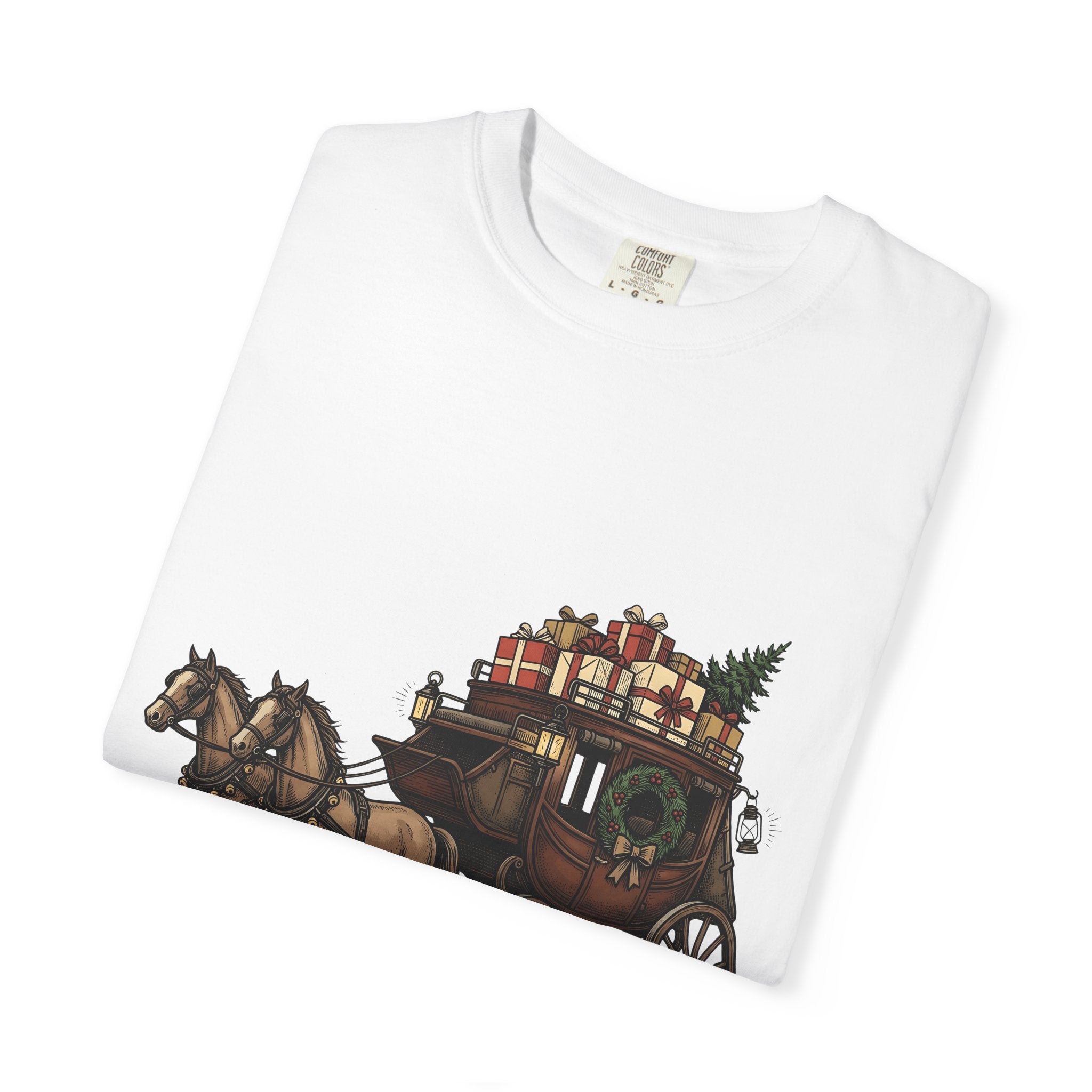 Horse Wagon Shirt Christmas Festive Gift Women Retro Tee Carriage T-Shirt Holiday Fan Vintage Tshirt Cheerful Graphic Sketch Present Boxes