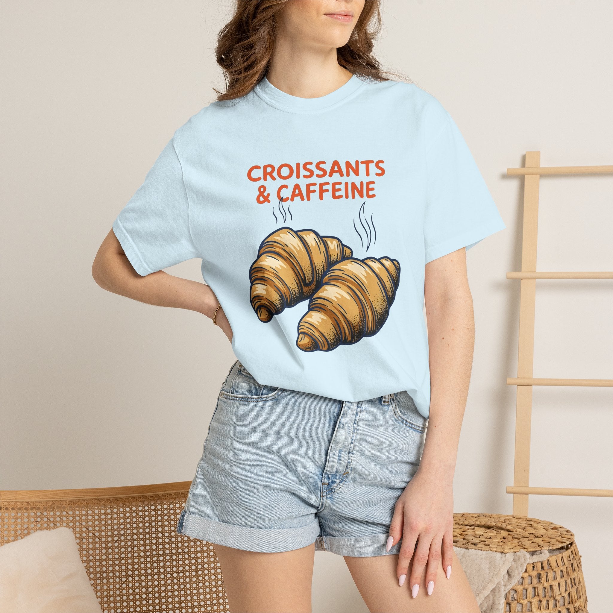 Croissant Clipart Shirt Coffee Morning Gift Women Rustic Tee Pastry T-Shirt Coffee Fan Java Enthusiast Vintage Tshirt Dawn Graphic Ink Mist