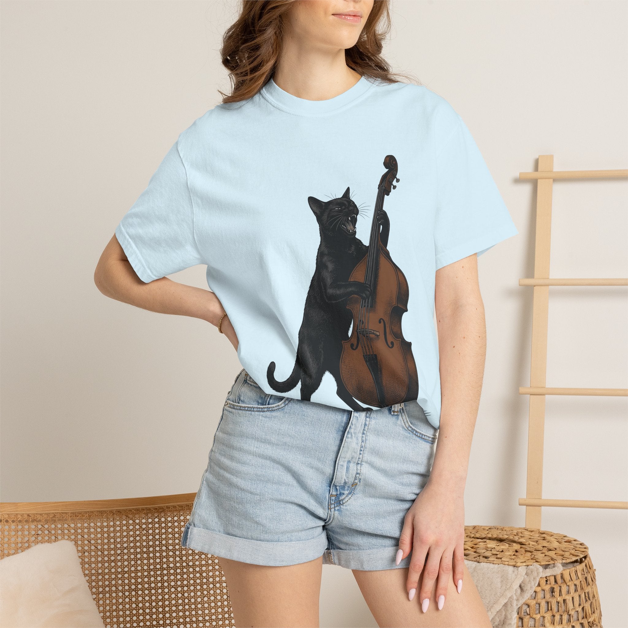 Black Cat Guitar Shirt Cat Instruments Gift Women Retro Tee Cat Guitar T-Shirt Cat Fan Fifties Tshirt Music Graphic Sketch Instrument Tshirt