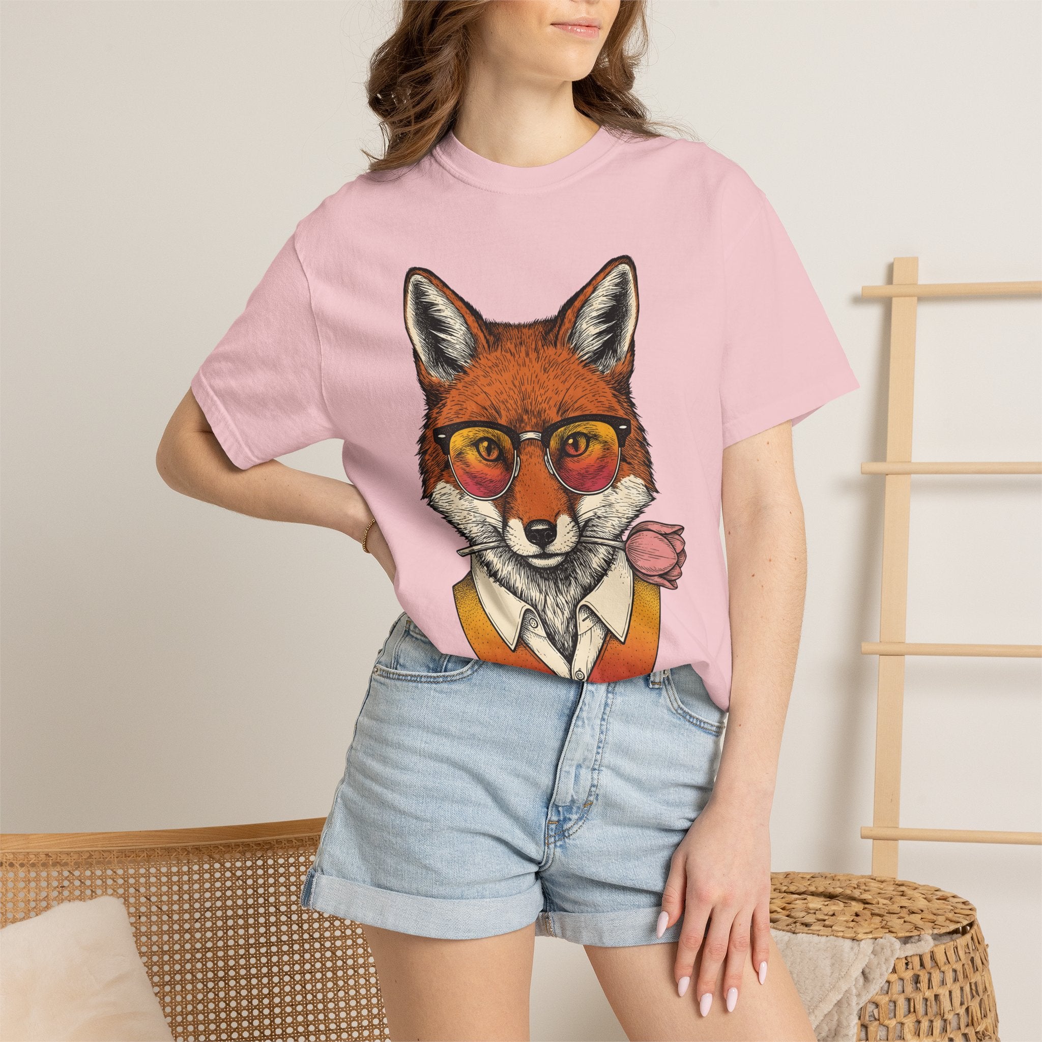 Fox Glasses Shirt Easter Animal Gift Women Hand Drawn Tee Specs T-Shirt Spring Fan Illustrated Tshirt Creature Graphic Vintage Tulip Tshirt