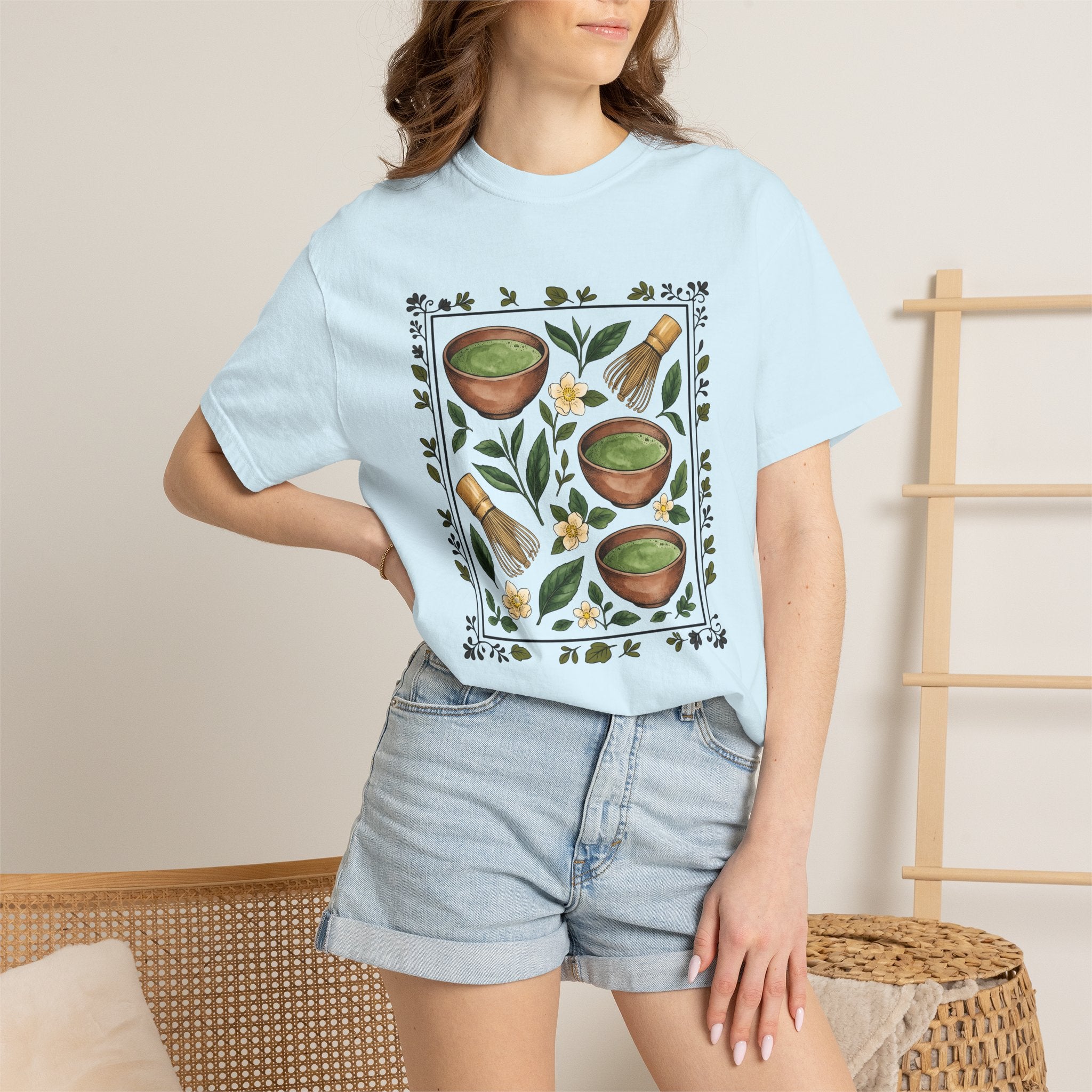 Green Tea Bowls Shirt Drinks Cuisine Gift Women Floral Tee Tea Bowls T-Shirt Beverage Fan Tea Tshirt Food Graphic Retro Bamboo Whisk Tshirt