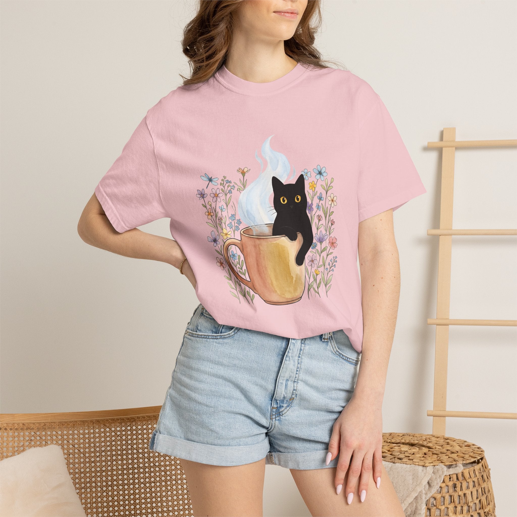 Black Cat Cup Shirt Cat Espresso Gift Women Hand Painted Tee Cat Mug T-Shirt Cat Fan Feline Tshirt Coffee Graphic Playful Garden Flowers